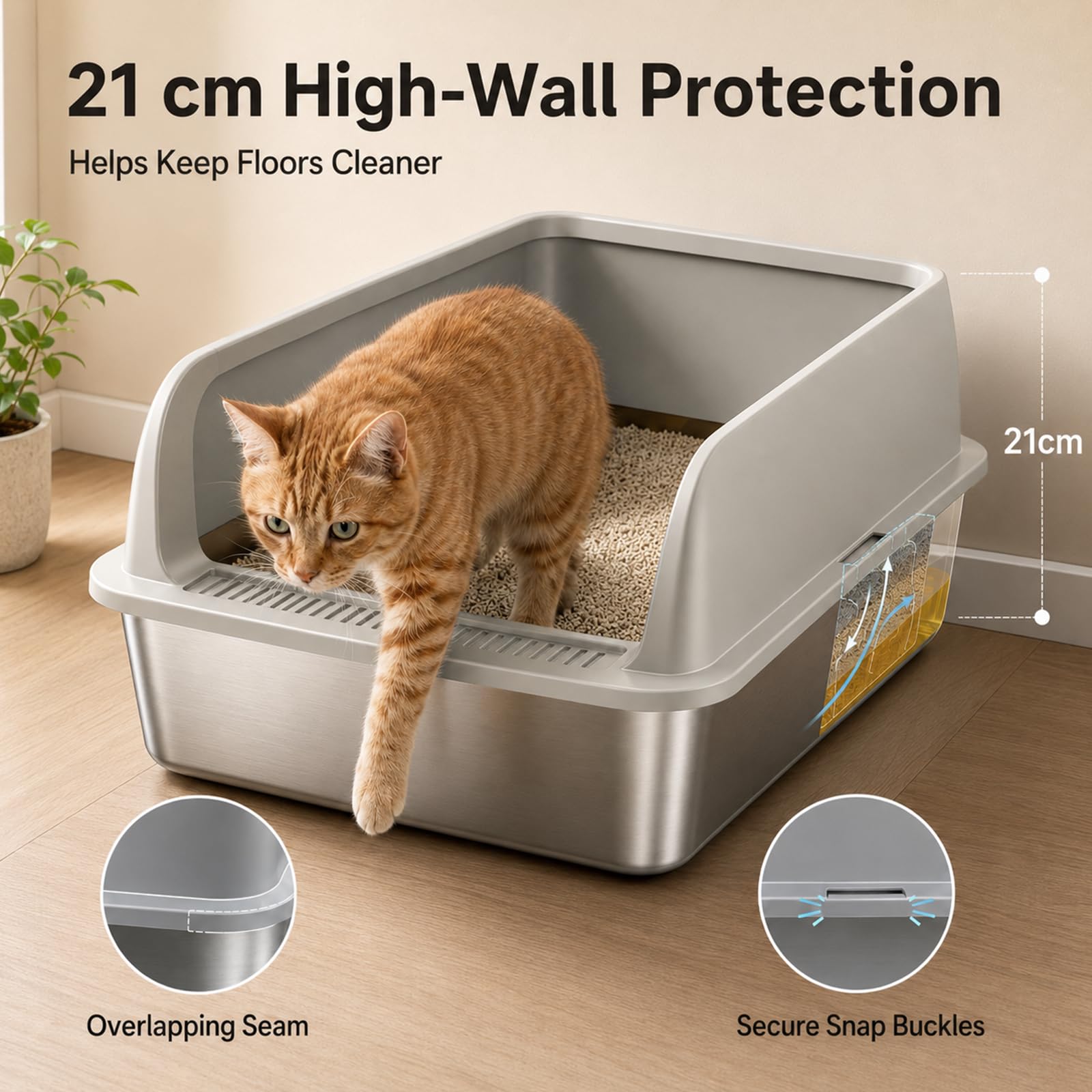 Set di 2 lettiere per gatti in acciaio inox, grande lettiera in acciaio inox, con bordo alto, per gatto, 60 x 40 x 20 cm, pala per gatti (L)