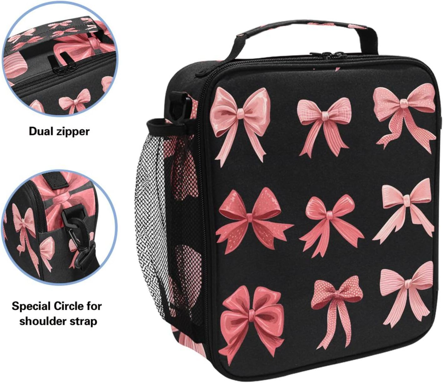 Pink Red Bow Black Lunch Box Insulated Lunch Bag Kids Cooler Tote Bag Freezable Shoulder Strap Lunchbox for Girls School Picnic - Image 3
