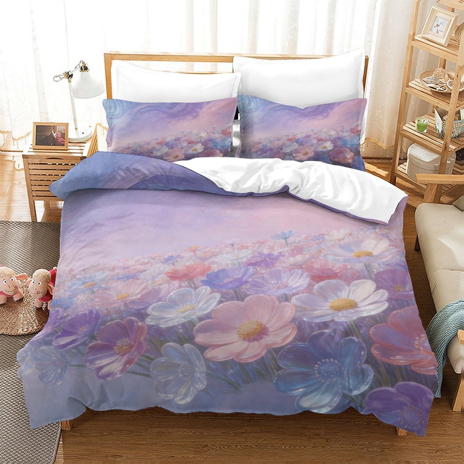 Housse de couette fleurs respirante et douce en microfibre parure de lit 3D