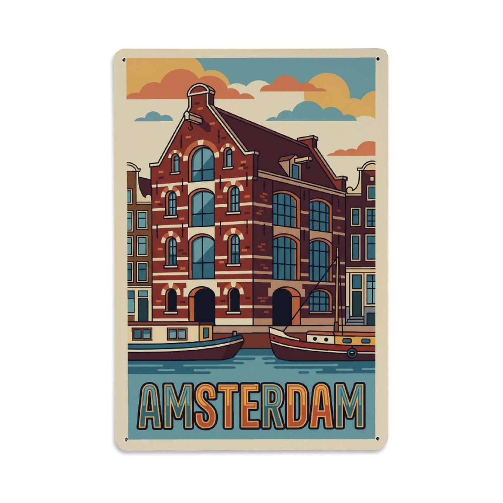 Okngb Style Amsterdam Warehouse Landmark Retro Travel Architecture Metal Tin Sign Plaque Wall Decor For Cafe, Man Cave, Club Bar, Office, Home Garden Round Metal Poster 8X12inch