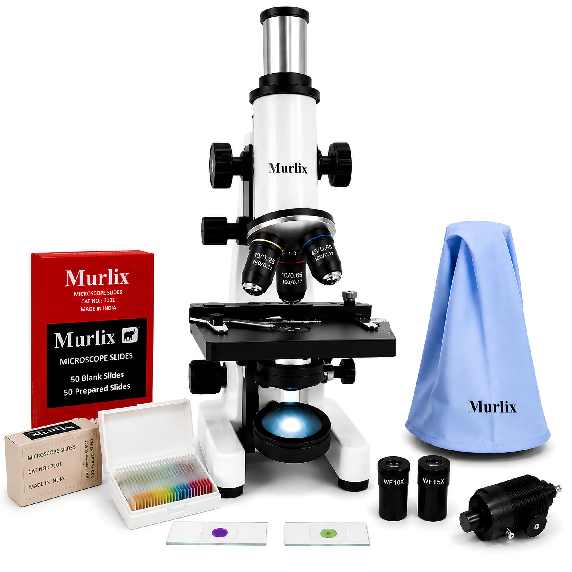 monocular compound medical microscope with led lamp | 100x-1500x biological microscope for laboratory, medical education & research | 50 blank & 50 prepared slides
