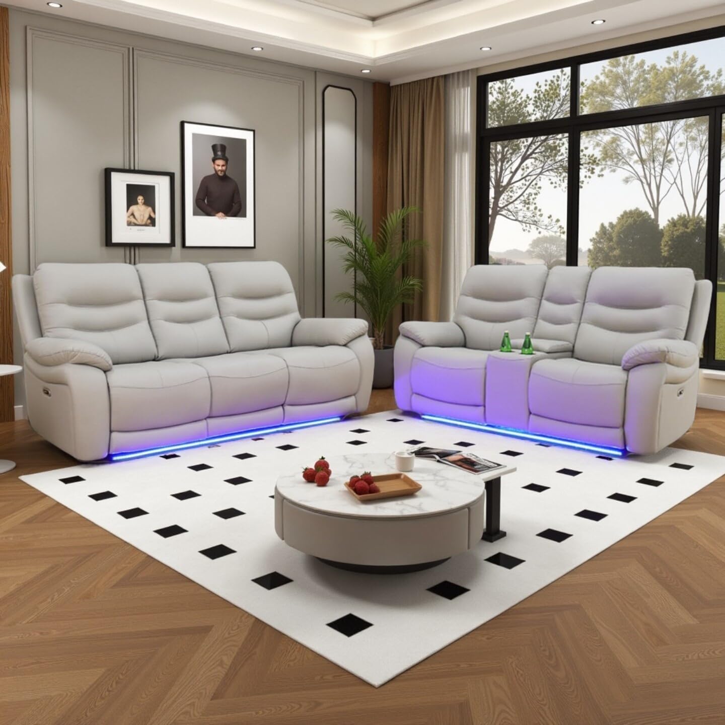 Power Recliner Sofa Set with LED Lights,Air Leather Reclining Sofa with Charge Port/Storage Console/Cup Holder for Living Room/Office/Home Theater (Grey, Air Leather, 3-PC Set)