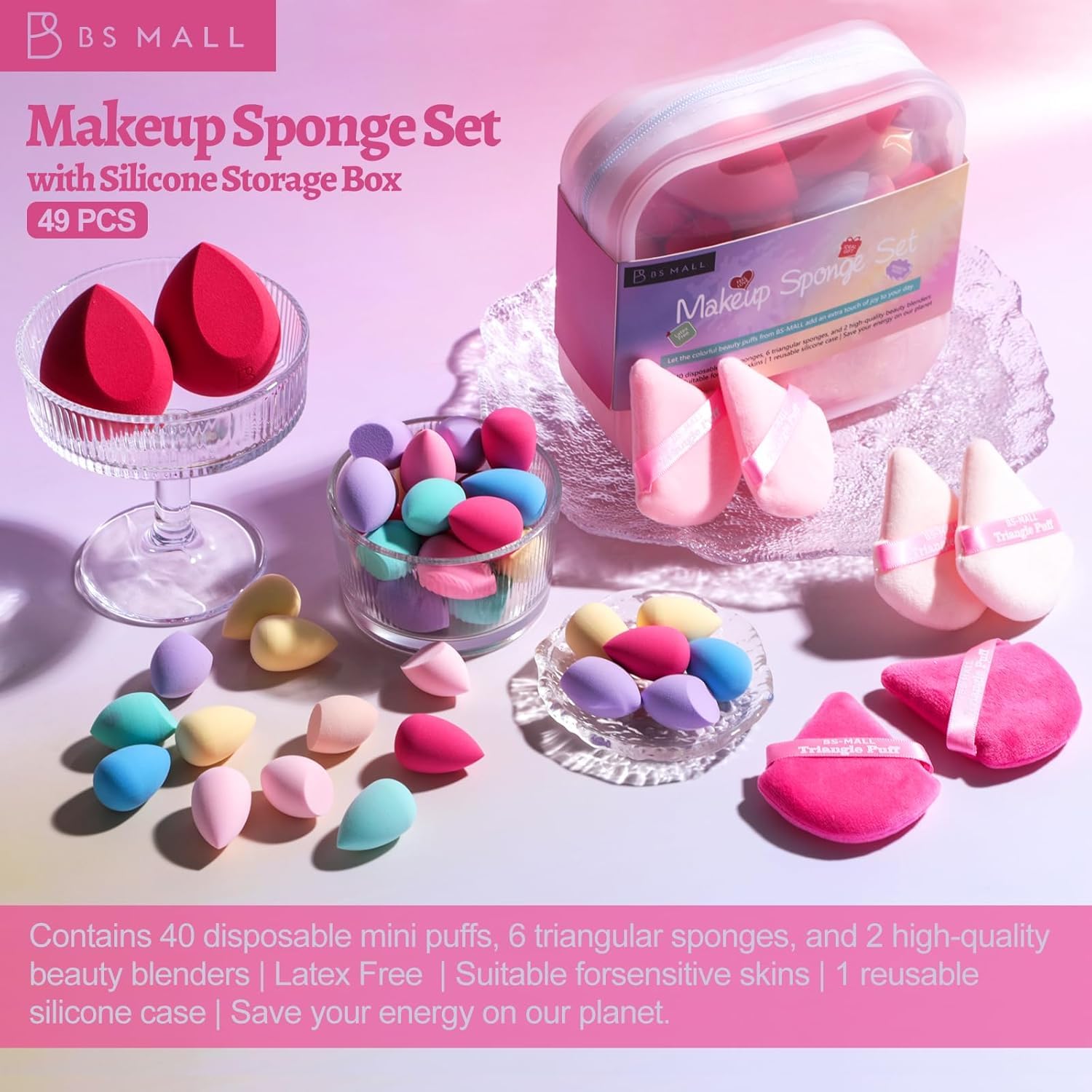 BS-MALL Mini Makeup Sponge Set Professional Triangle Puff 49 Pcs- Pro V3.0 Cloud Technology Material Flawless flow Mini Sponge Set & Triangle Puff With Waterproof Travel Silicone Bag Gift Set - Image 7