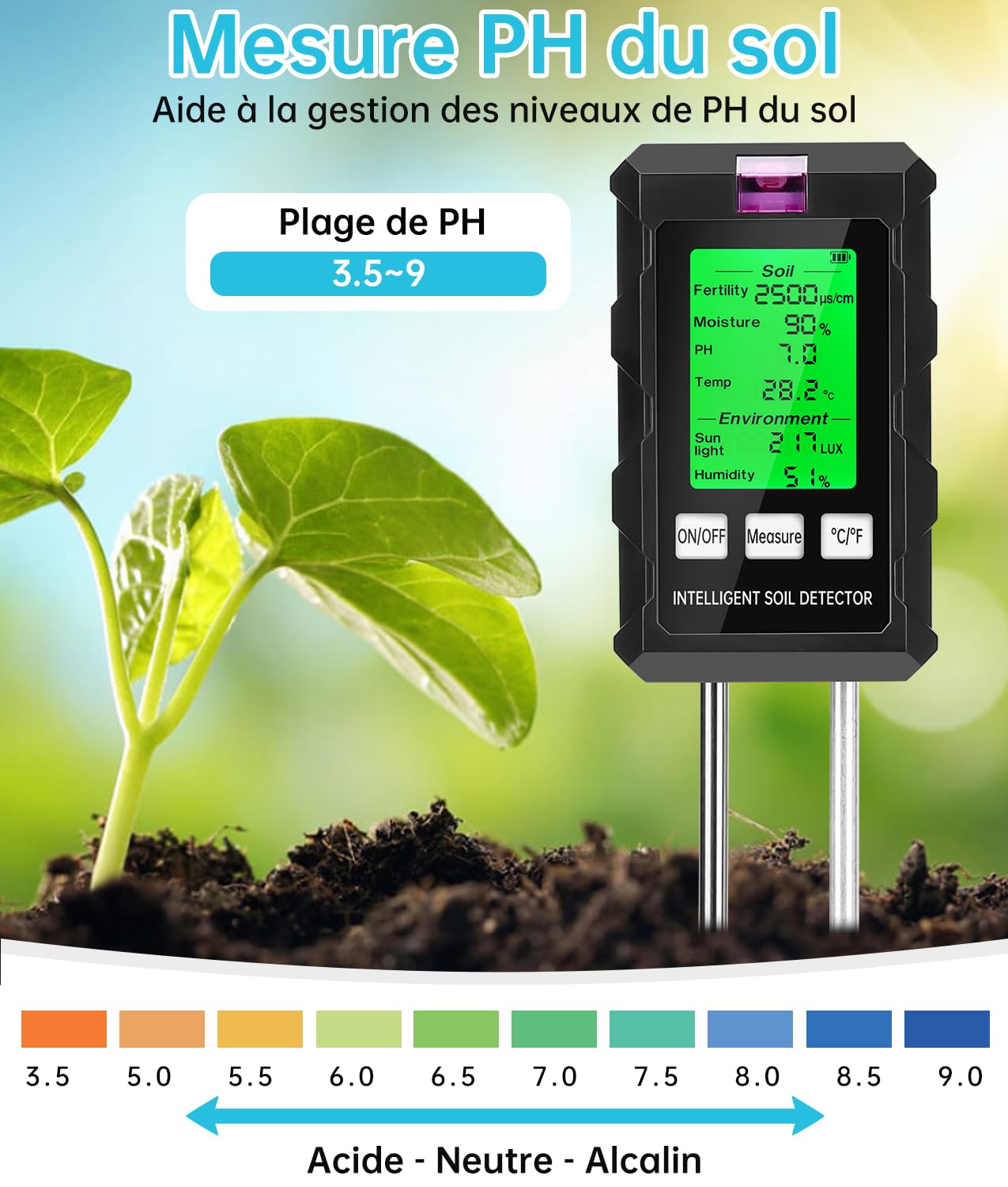 WADEO Testeur d'humidité du Sol, Appareil de Mesure du Sol 6 en 1, Détection de Température, du PH, l'humidité Ambiante, Nutriments, Lumière du Soleil, Adapté au Jardinage et Aux Plantes en Pot