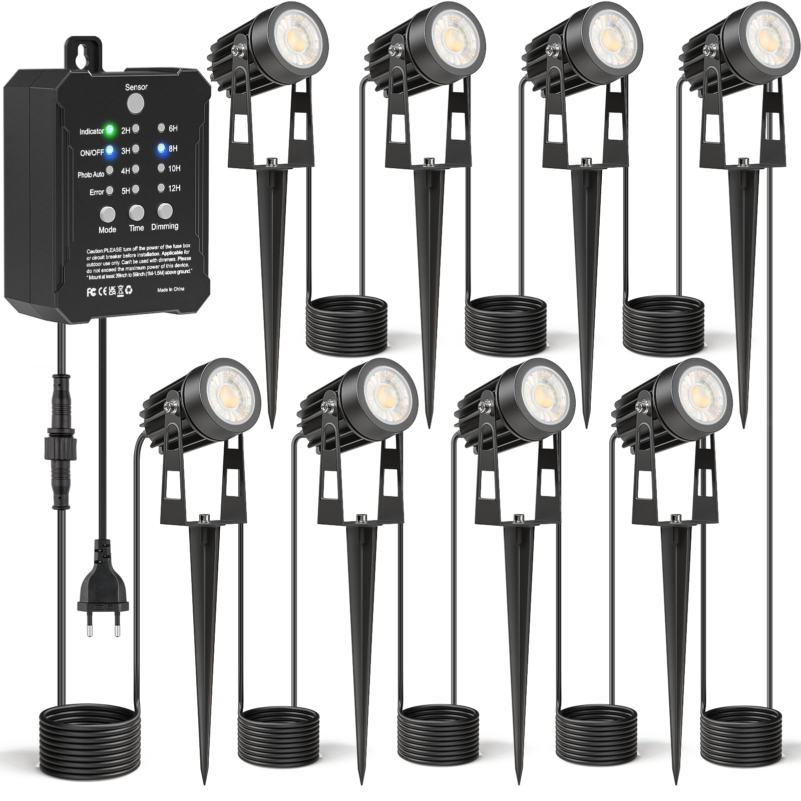 HIBOITEC Dimmbar Gartenbeleuchtung mit Transformator, 20,7M Fotosensor Gartenstrahler Led Außen Wasserdicht, 4000K Gartenbeleuchtung mit Strom, Timer Gartenlampen für Haus Hof(8 Stück, Weißes Licht)