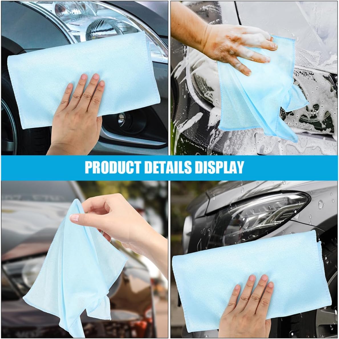 6pcs Light Blue Microfiber Car Cleaning Rags and Drying Towels Set for Automotive Detailing, Glass Polishing Cloths Suitable for Car Exterior and Interior Care