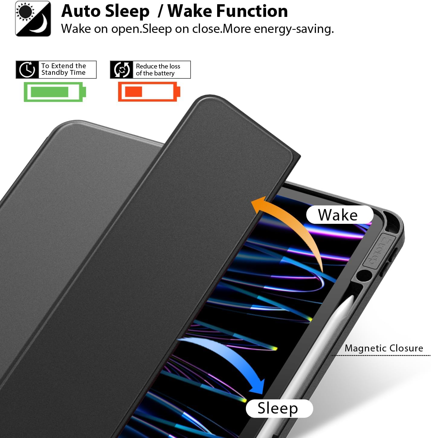 ZtotopCases for iPad Pro 12.9 Inch Case 6th/5th/4th/3rd Generation 2022/2021/2020/2018 with Pencil Holder, Slim Soft TPU Back Tablet Cover+Auto Sleep/Wake, Support 2nd Gen Pencil Charging, Black