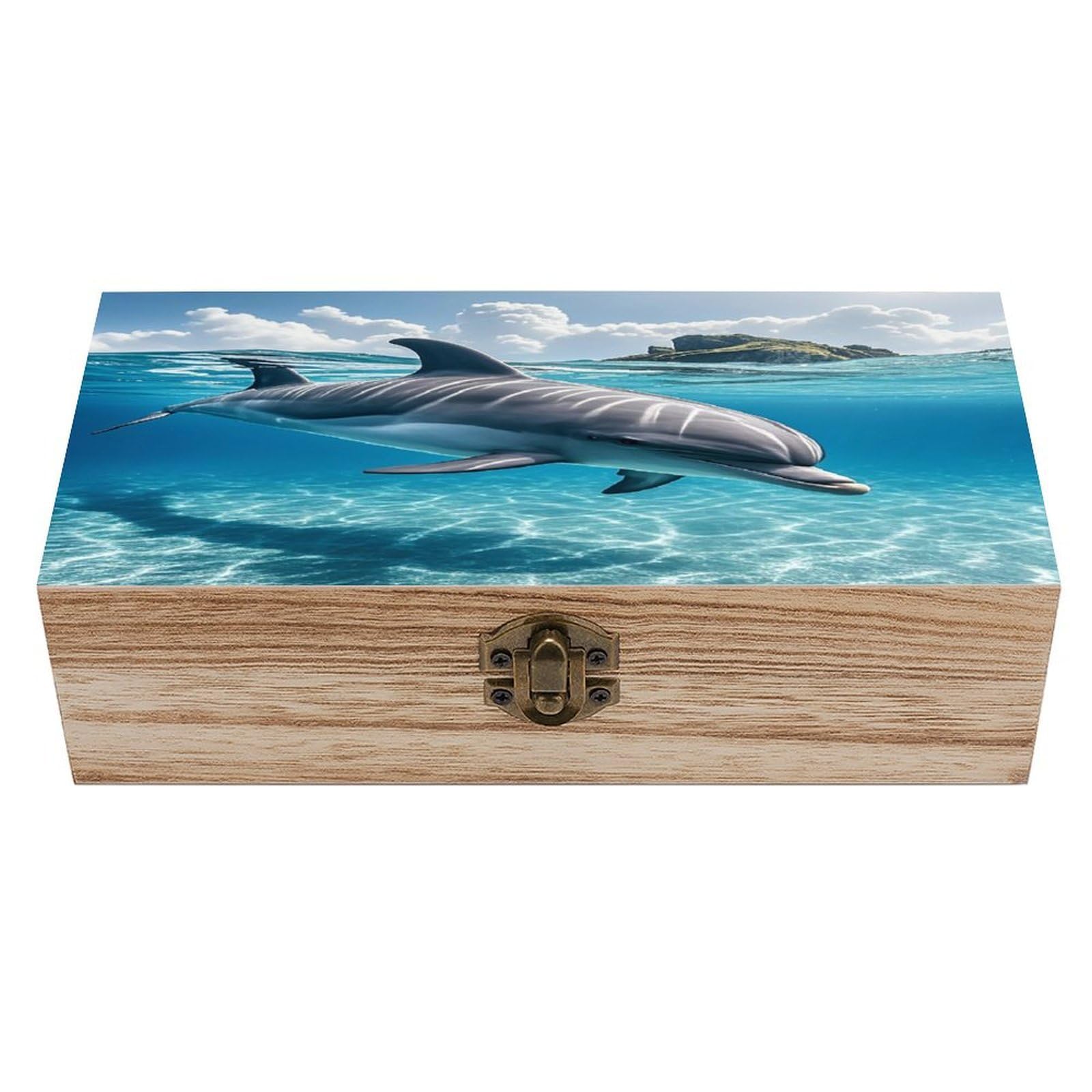 LZQPOEAS Dolphin In The Ocean Wooden Box Storage Space to Organize Jewelry in A Beautiful Small Storage Box Decorative Card Boxes Memory Treasure Boxes for Crafts And Photo Storage