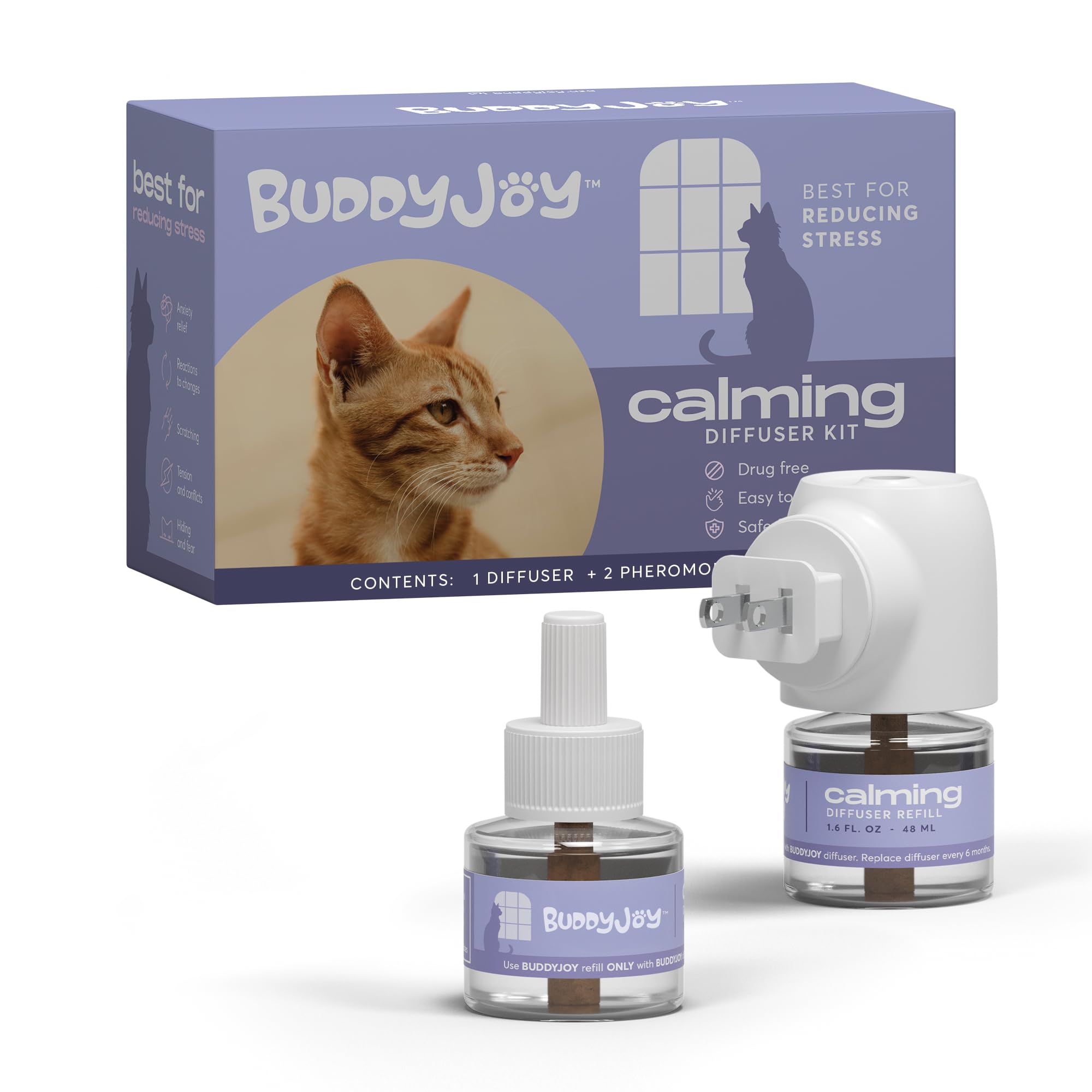 BUDDYJOY Cat Calming Diffuser Refills – Long-Lasting 30-Day Formula with Pheromones for Stress Relief, Relaxation, and Anxiety Reduction in Cats – (1 Diffuser + 2 Refills)