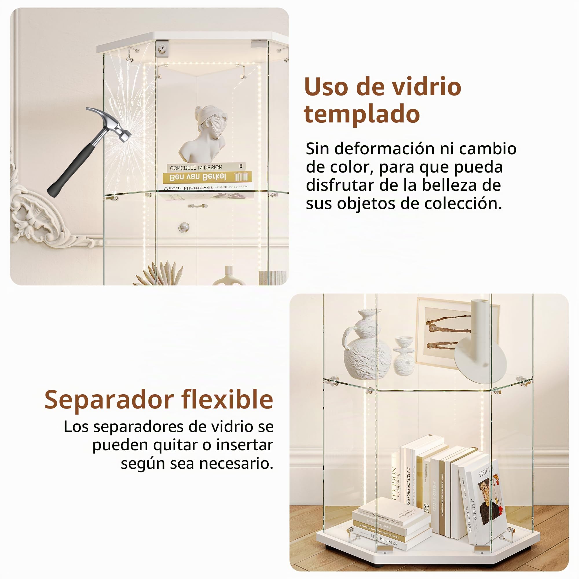 Escaparate de cristal con iluminación LED, armario de colección moderno de cristal de 4 capas, 1 puerta, con puerta y cerradura de armario, almacenamiento (blanco 5 lados A, 1 puerta, 4")