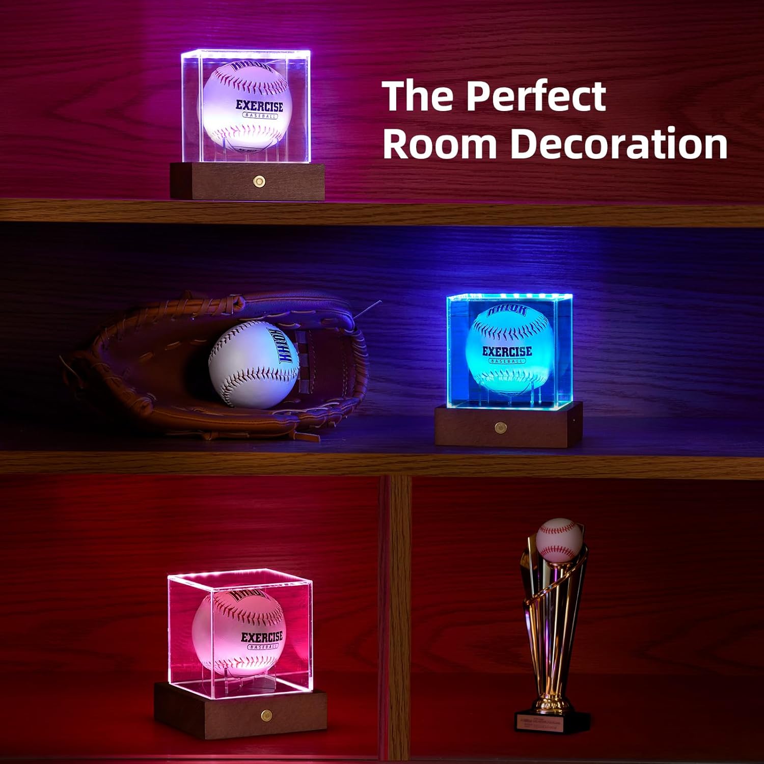 HouseJoy LED Baseball Display Case: Acrylic Cube Ball Holder with 9 Color Light, Wooden Base Display Box, UV-Protected Clear Cube for Memorabilia Baseball Gifts
