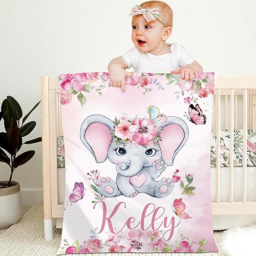 Miniatura 4 de Hoomall Manta de bebé personalizada de 28 x 40 pulgadas, manta de texto personalizada de elefante rosa con nombre, manta de franela súper suave para