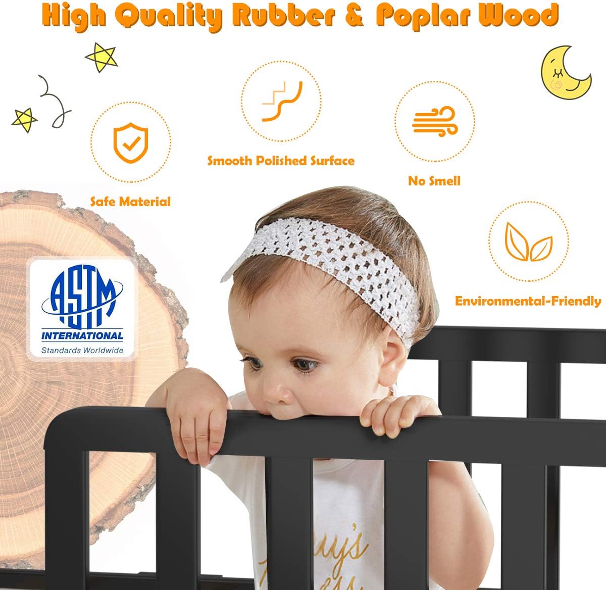 HONEY JOY Toddler Bed Frame, Solid Rubber Wood Frame w/Safety Guardrail, Fits Crib Full Size Mattress (Not Included), Children Classic Sleeping Bedroom Furniture for Kids Boys Girls (Black)