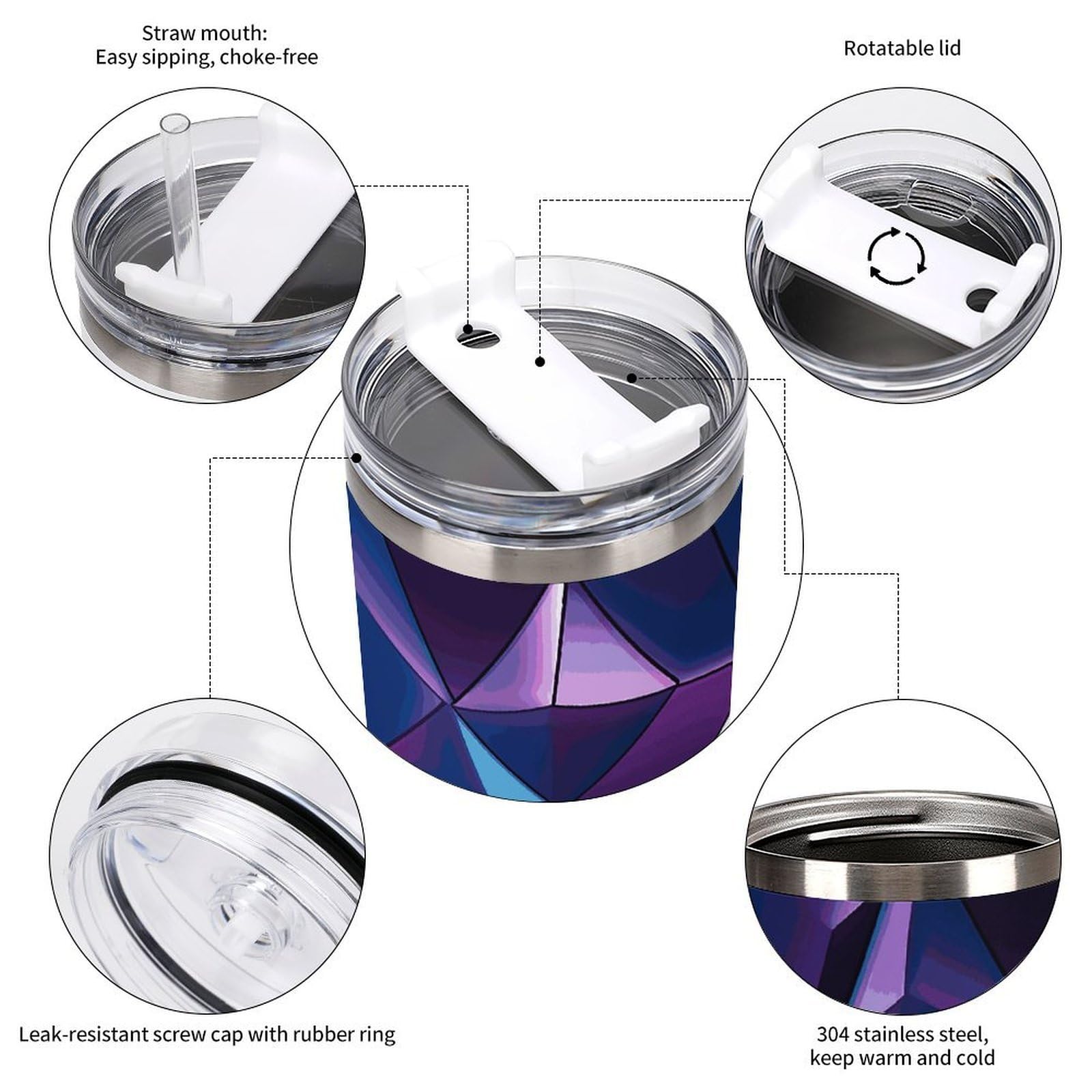 Tazas geométricas moradas con popote y asa, taza de café con aislamiento al vacío de doble pared, botellas de agua para café helado, té, bebida caliente y fría