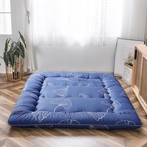 Miniatura 187 de MAXYOYO El mármol negro imprimió el futón japonés, la almohadilla de dormir espesa enrolla el colchón que acampa Mármol negro,Flor 1,floral azul