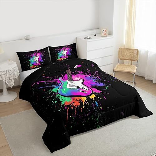 Miniatura 4 de Erosebridal Juego de ropa de cama de guitarra eléctrica, tamaño Queen, juego de edredón de música rock hippie, juego de edredón de graffiti hippie,