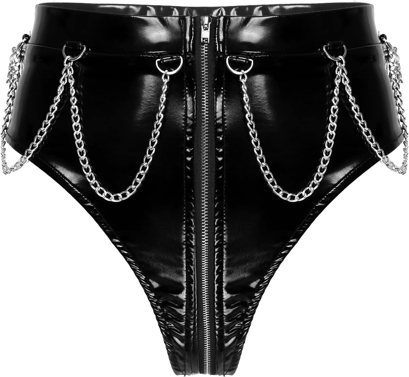 Womens High Cut Zipper Crotch Booty Patent Leather Briefs Underwear High Waist Rave Party Clubwear,Black,XXL