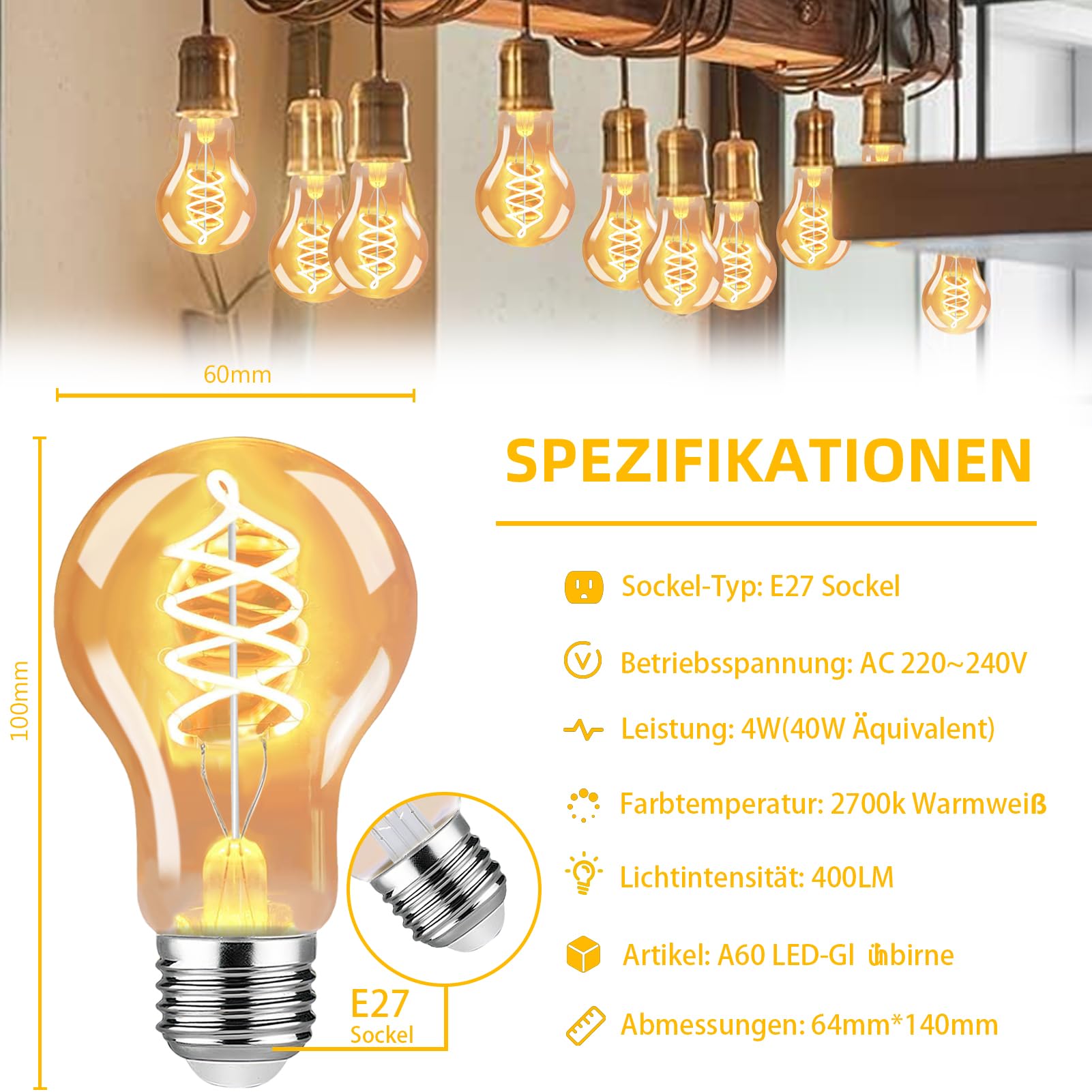 4Stück Edison Vintage Glühbirne, E27 4W LED Glühbirne Vintage Antike Glühbirne, A60 LED Lampe warmweiß 2700K Licht Beleuchtung für Nostalgie Haus Café Bar Restaurant (Packung mit 2)