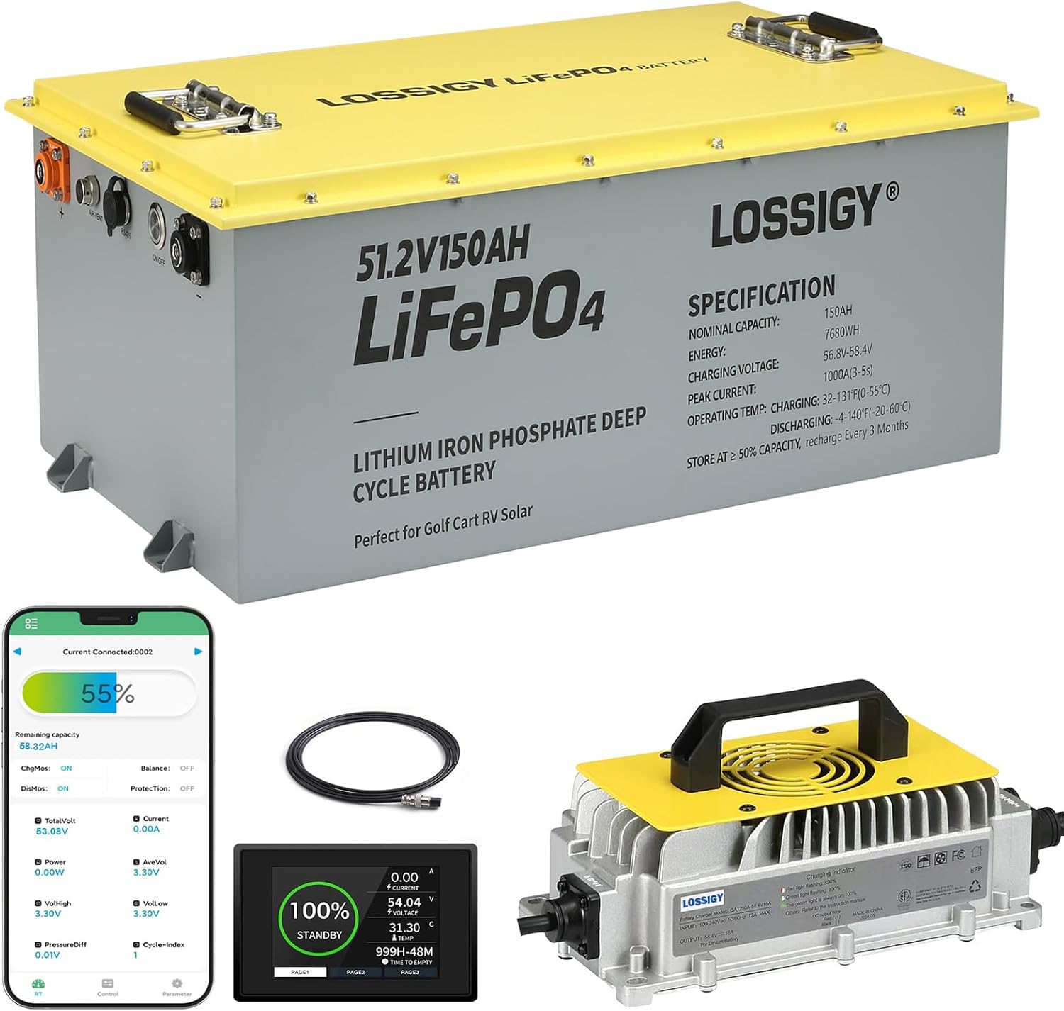LOSSIGY 48V 150AH Lithium Golf Cart Battery with 18A Lithium Charger, For RV,Solar System, 200A BMS to protect battery,Convenient Blutooth APP,LCD 10.24kW Output&Peak Current 1000A(3-5s)