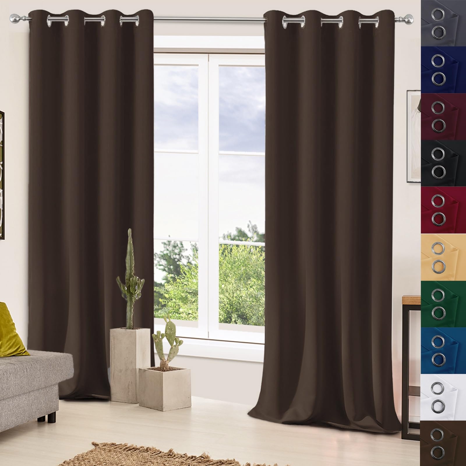 Rideau occultant 2 pièces 170x80cm marron en polyester satiné isolant