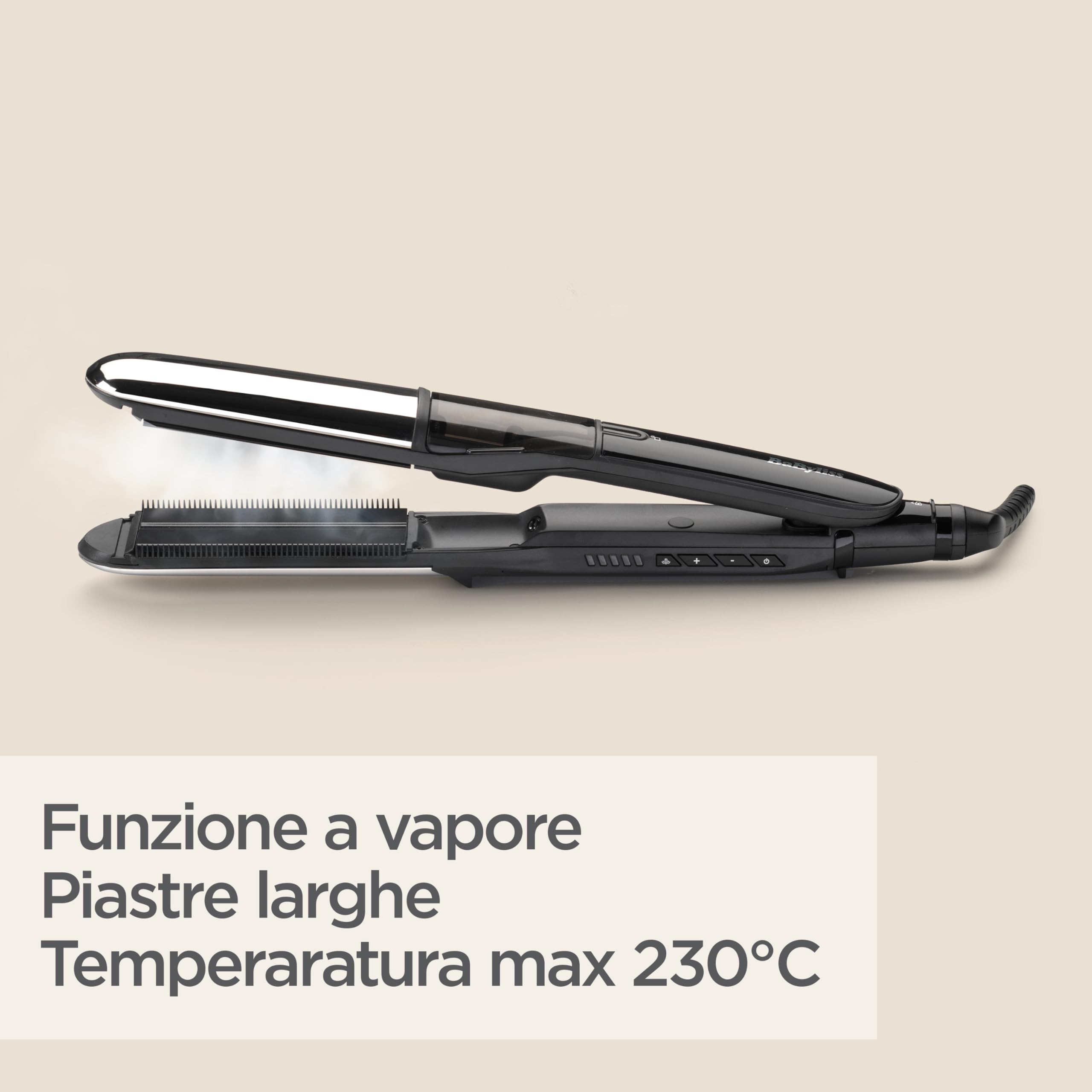 BaByliss ST496E Piastra a vapore 2in1 Steamshine ceramic, Piastre in diamond ceramic da 39 mm, Riscaldamento Advanced Ceramics™, lisciante, 5 temperature, Auto spegnimento di sicurezza, nera e argento