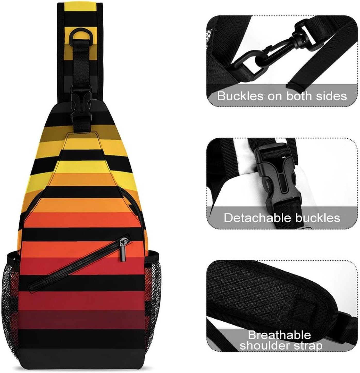 Yellow Orange Red Stripes Men Crossbody Sling Backpack Chest Bag | Travel Fanny Pack,Hiking Daypack,Print Shoulder Bags