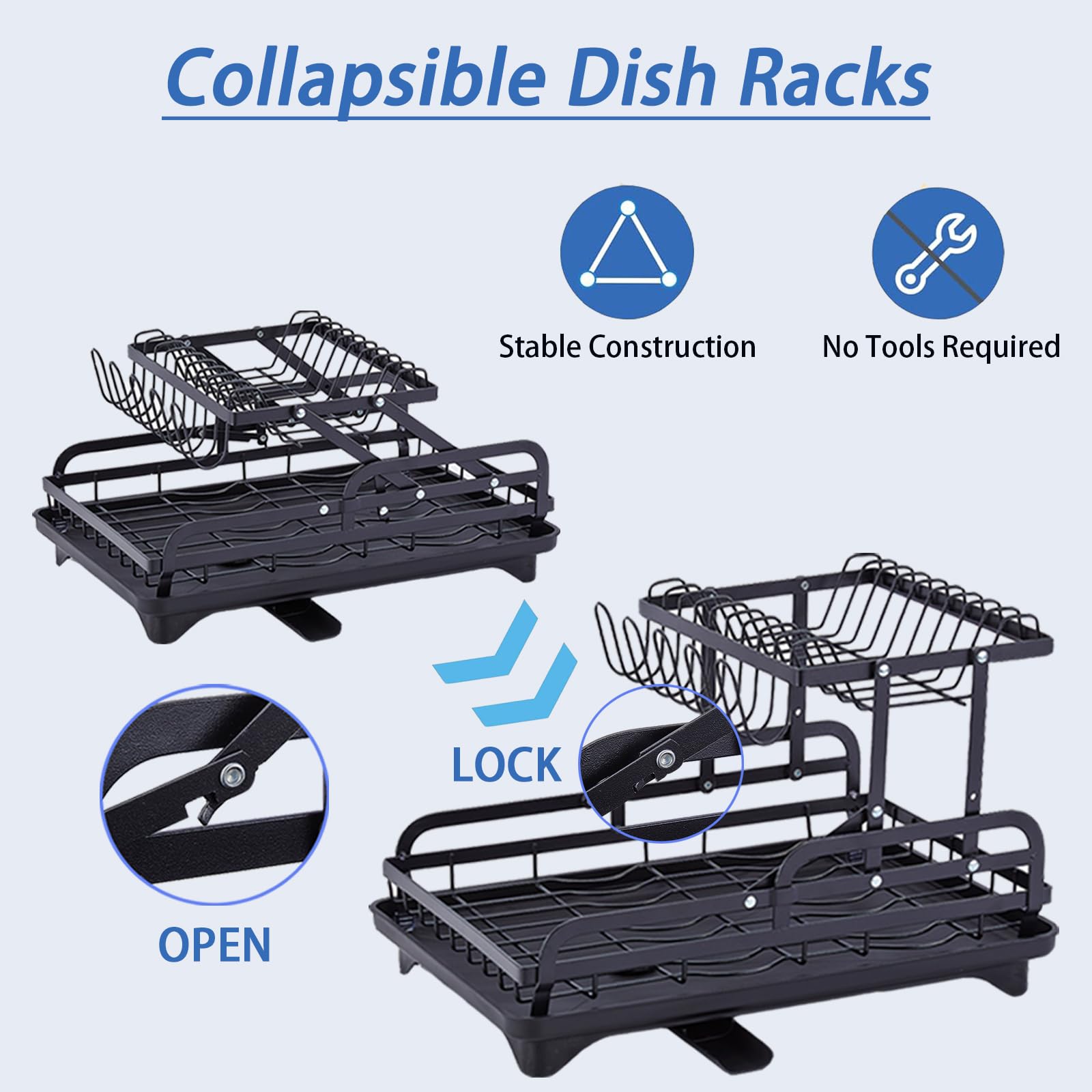 Divtada 2-Tier Dish Drying Rack for Kitchen Counter - Large Collapsible Dish Rack with Drainboard, Rustproof & Non-Slip Design, Space Saving Dishwasher Rack Dish Drainer -Black