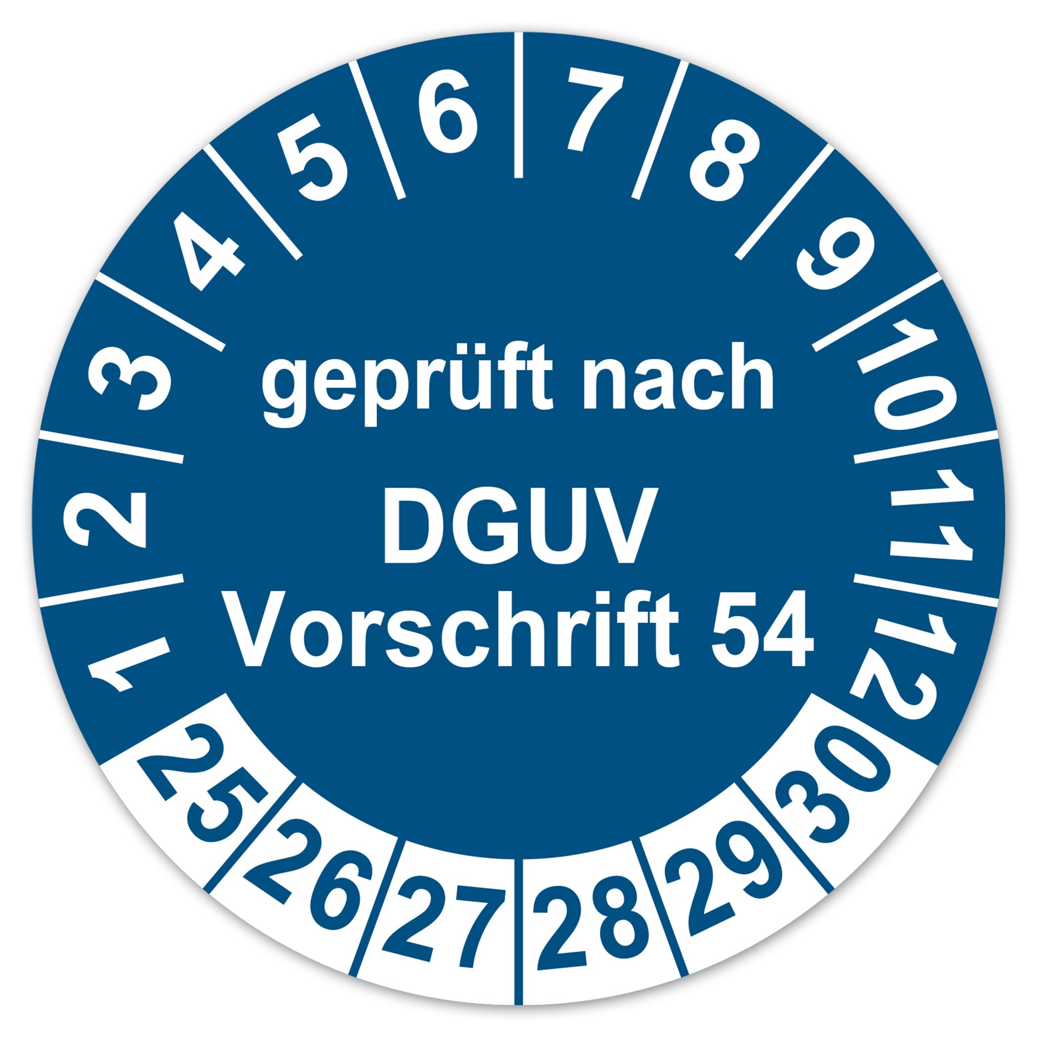Prüfplaketten geprüft nach DGUV Vorschrift 54 ⌀30mm Prüfaufkleber 2025-2030 Aufkleber Prüfetiketten Vinyl Plaketten Folie selbstklebend wasserfest LTA016 (100, Blau)