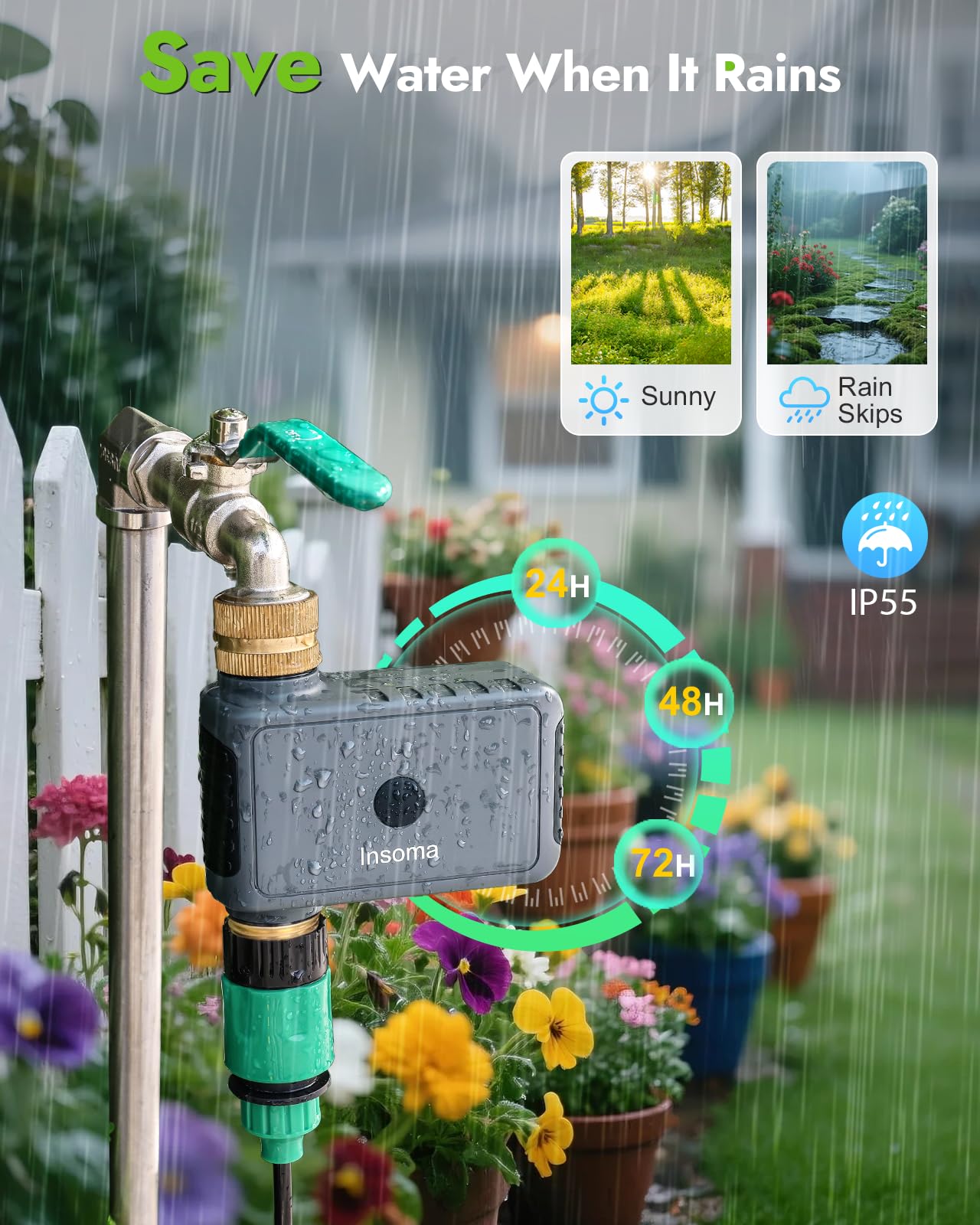 Insoma Temporizador de agua WiFi con entrada y salida de latón, temporizador inteligente de aspersor + retraso automático/manual/lluvia para jardín, temporizadores de manguera con concentrador, hasta