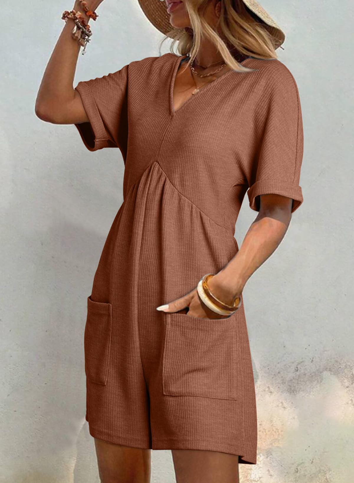 AlvaQ Rompers for Women Solid Color Casual Short Sleeve V Neck Zipper Short Jumpsuits with Pockets: X-Large Dark Khaki