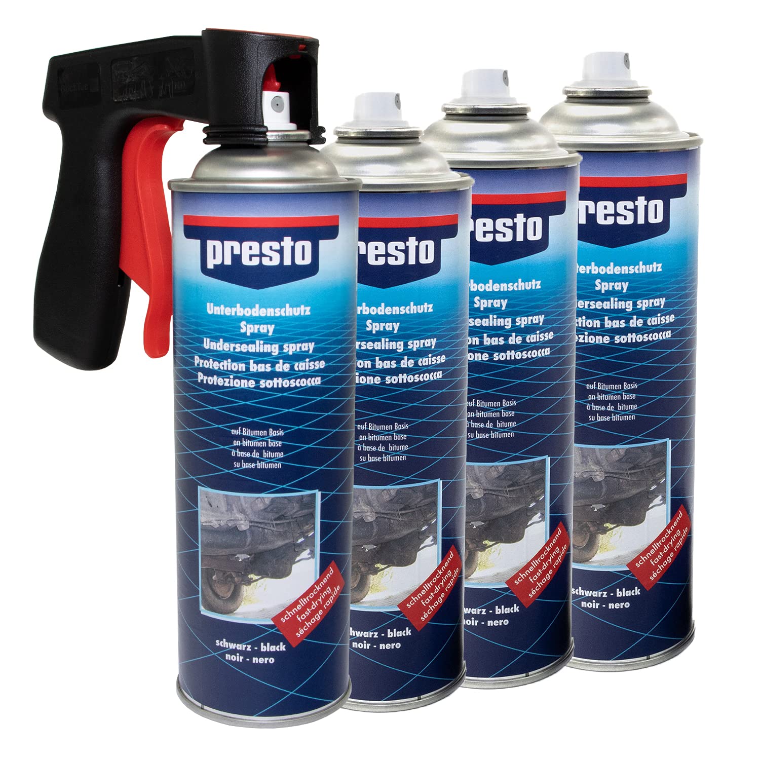 Unterbodenschutz Steinschlag Spray schwarz Presto 4 X 500 ml mit Pistolengriff