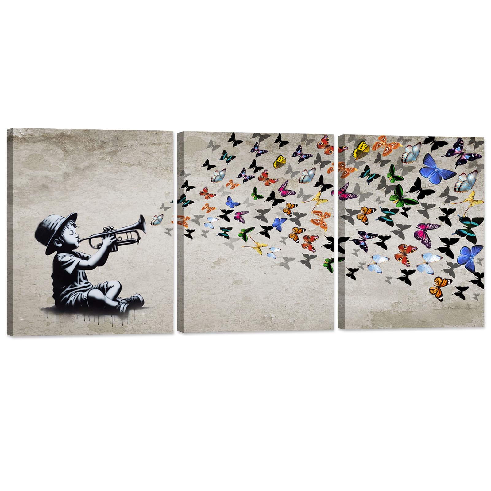 Graffiti Wall Art Set of 3 Banksy Wall Decor Colorful Butterflies Pictures Graffiti Artwork Boy Blows Trumpet Posters Canvas Prints for Living Room Decor Framed Ready to Hang 36x16inch(30x40cm)