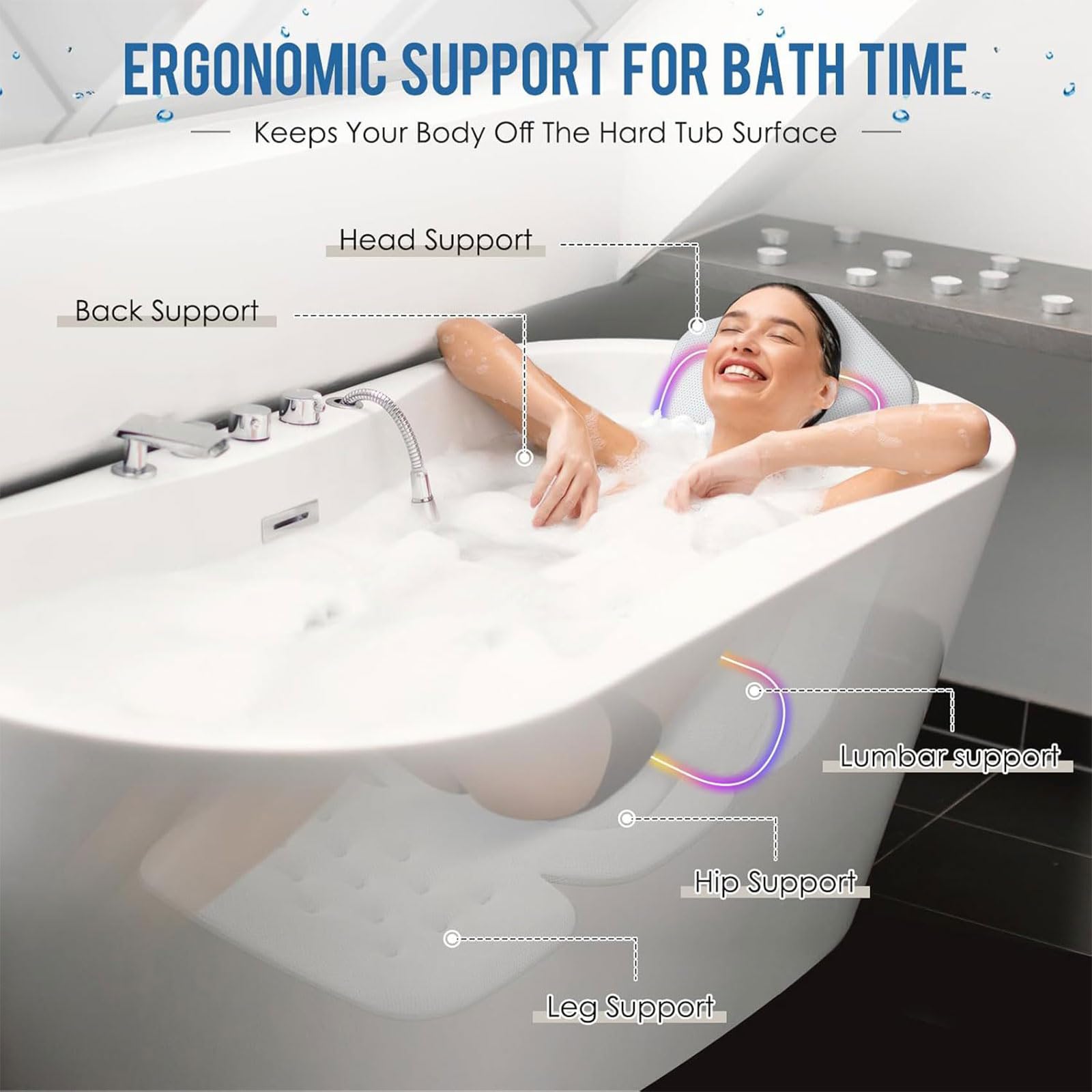 Tappetino antiscivolo per vasca da bagno con scarico rapido incluso ergonomico lombare per ridurre l'affaticamento garantendo salute e sicurezza per vasca da bagno antiscivolo