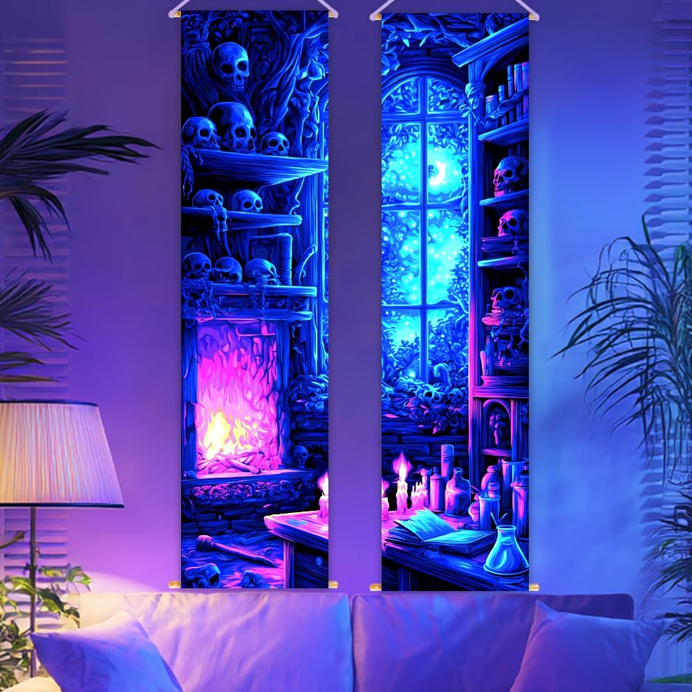 CRAFTYMELODY 2 Pack Blacklight Bookshelf Tapestry Glow in the Dark Tapestry UV Reactive Skull Wall Hanging 12.9×51 Inch with Ropes Wooden Rods for Bedroom Dormitory Living Room Home Wall Decoration