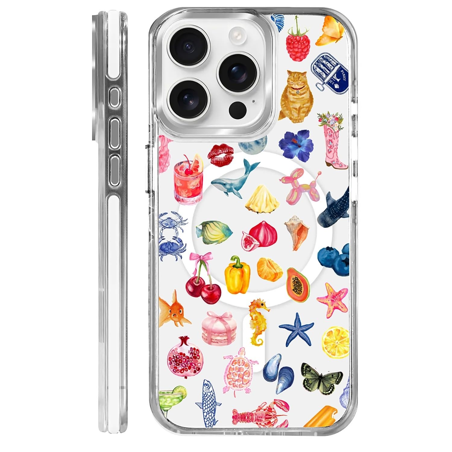 TAMEFOX for iPhone 15 Pro Clear Case,Campatible with Magsafe,Cute Fruit Summer Ocean Collage Soft TPU Slim Magnetic for Women Girl Protective Case for