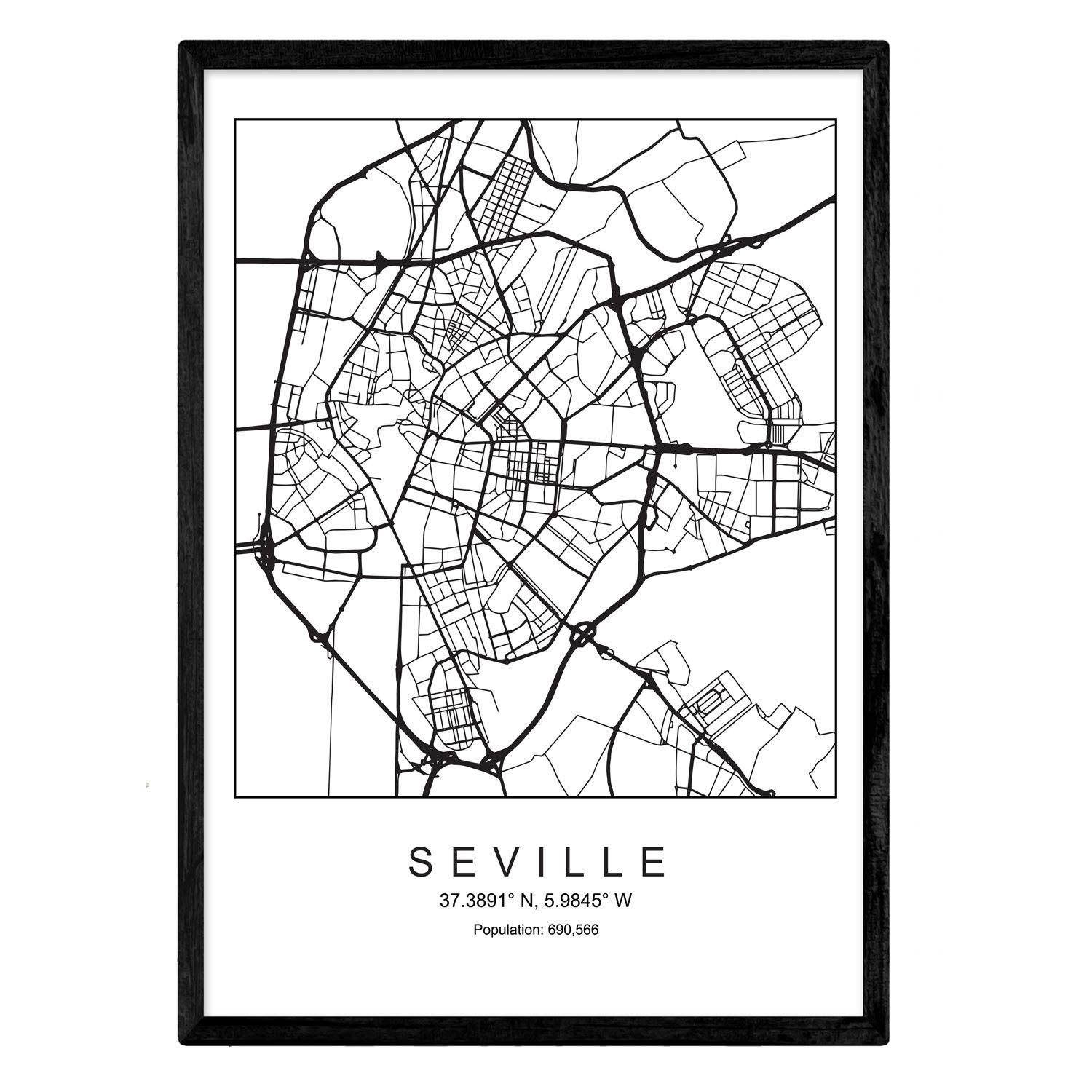 Nacnic Print city map Sevilla Nordic style black and white. Framed poster size A4 paper printed with black frame 250 gr. Paintings, prints and posters for living room and bedroom โ image 1