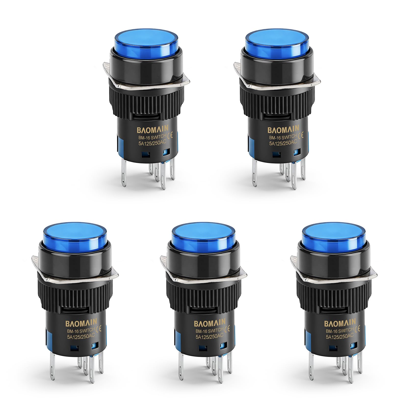 ムンビン　SWITCH ON BAOMAIN 5-Pack 16mm Latching Blue 12V LED Round Cap Switch | 5/8