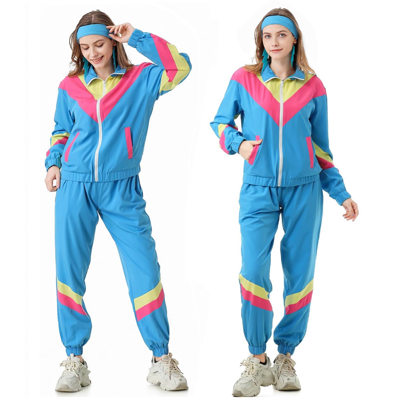 80er 90er Jahre Outfit Damen Trainingsanzug Jacke Hose Anzug 80er Retro Kleidung Accessoire 80s Kostüm Halloween Karneval Party (Blau, M)