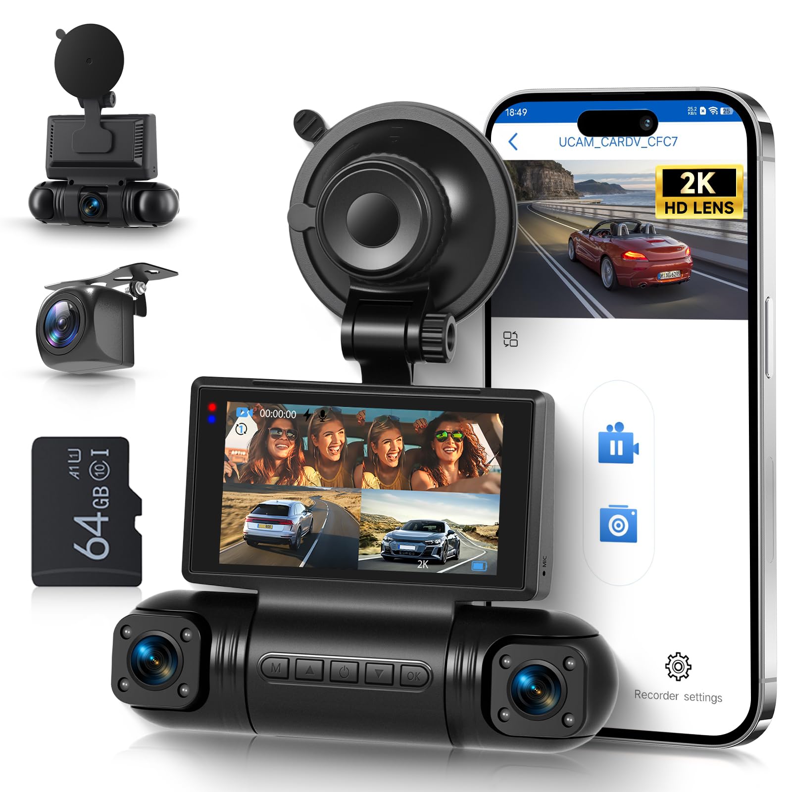 Hodozzy Kamera samochodowa 2K 360° z WiFi, 4 tylne kamery wewnętrzne po lewej stronie, Nachtsicht Ohne Licht, ekran dotykowy IPS 3", nagrywanie w pętli, czujnik G, sterowanie aplikacją