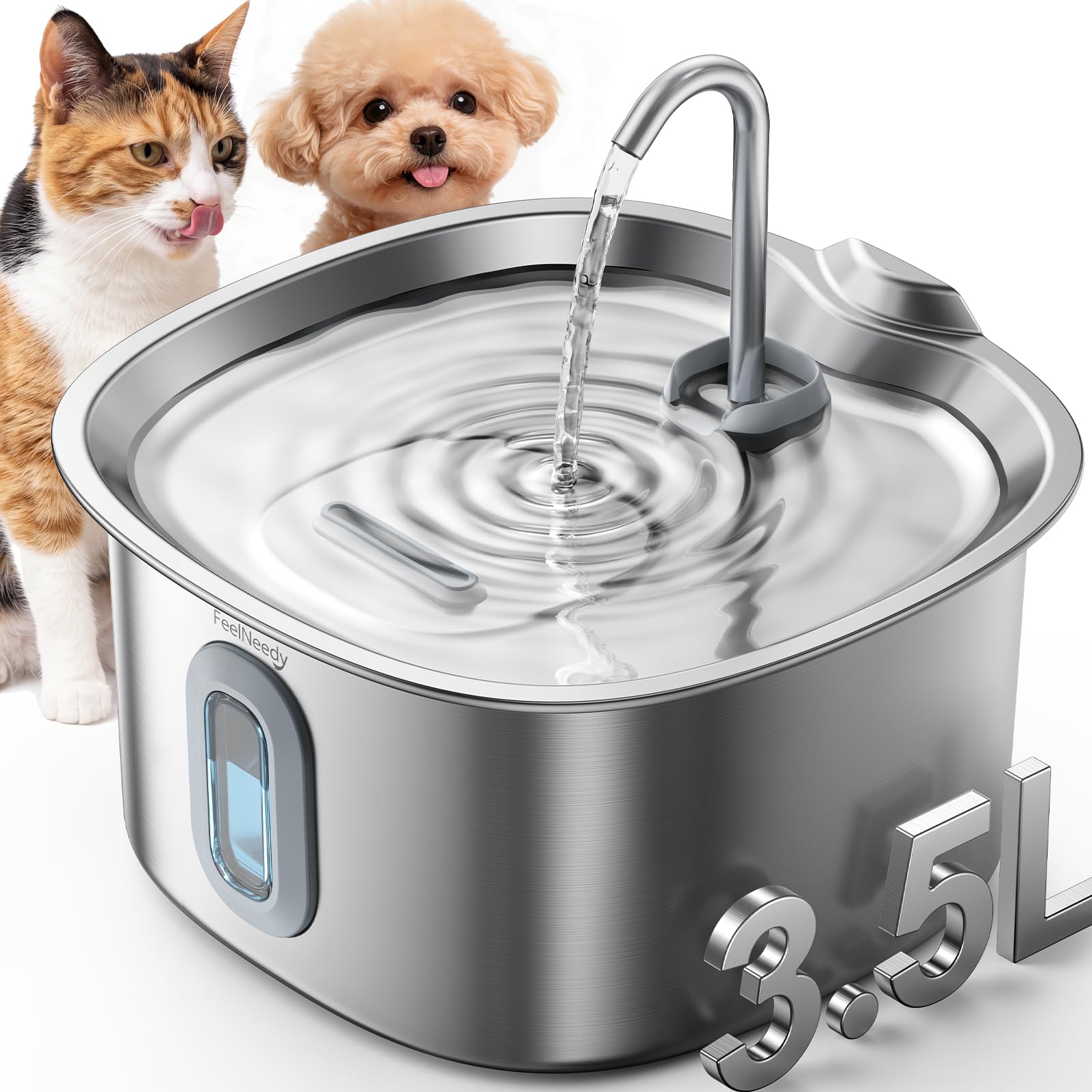 FEELNEEDY Fontanella per Gatti Acciaio Inox 3,5L – con Cavo USB (FN-W31) | Filtri Fontanella per Gatti e Cani Piccoli-5 Livelli; Lavabile in Lavastoviglie,Pompa Silenziosa (Adattatore non incluso)