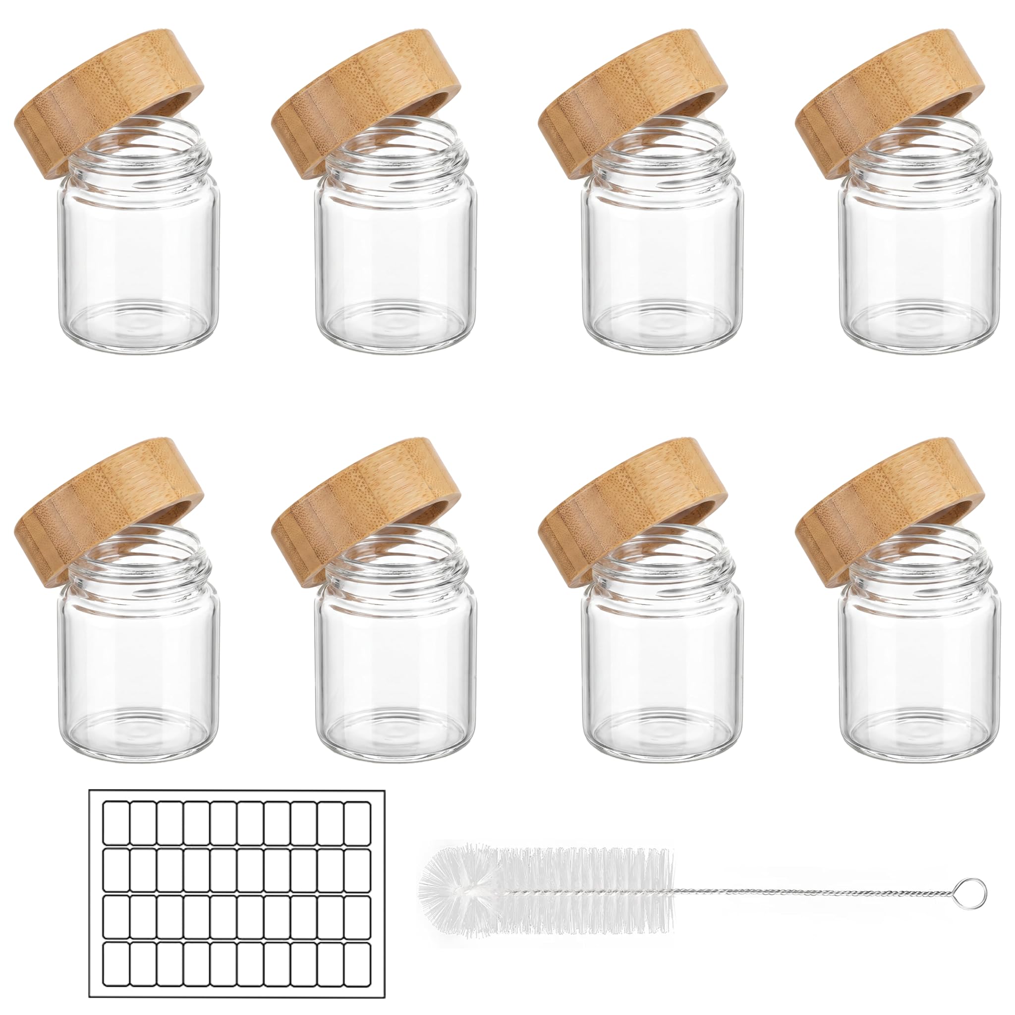 HYX 8 Pack Glass Shot Bottles with Bamboo Lids - 60ml Leak-proof Mini Jars for Wellness Ginger Shots, Juices and Liquids - Includes 40 Labels & Cleaning Brush