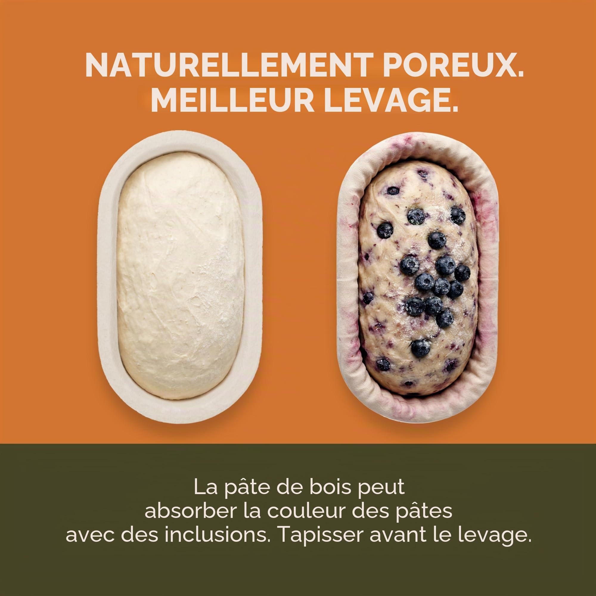 Bulka Petit panier ovale de 500 g pour pain en pâte de bois pressée – Panier à pain anti-adhésif en forme de batard et levain, fabriqué en Allemagne.