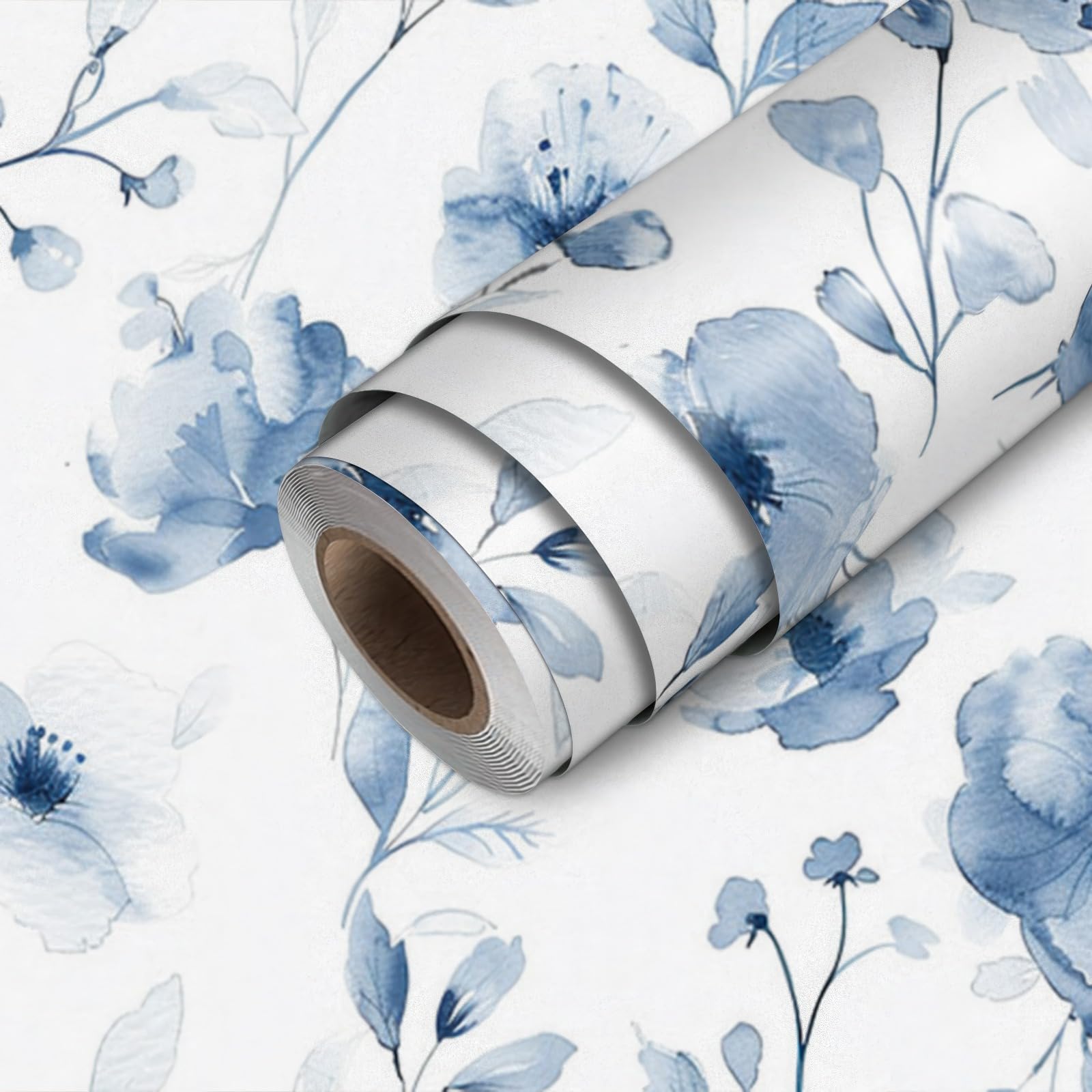 Blue Watercolor Floral Wallpaper Peel and Stick Flower Contact Paper Marble Wall Paper Stick 118.1" x 17.7" Removable Self Adhesive Vinyl Wall Covering for Bedroom Study Living Room Decor