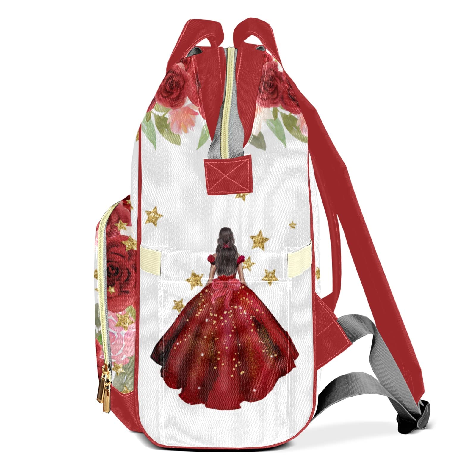 Red Floral Gold Star Girl Mommy Bag for Baby Girl Custom Diaper Bag Backpack Waterproof Multi-Function Travel Camping Picnic Diaper Carrying Bag