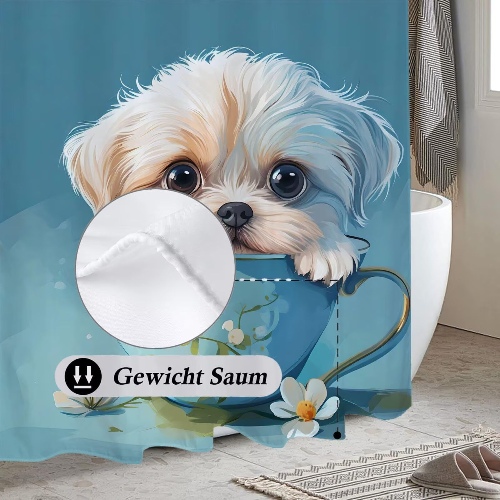 Duschvorhang 180 x 240 cm - Tee Tasse Hund, Shower Curtains mit 12 Duschringen, Schimmelresistent und Wasserabweisend, Duschvorhänge Polyester Stoff Waschbar Badezimmervorhang für Dusche Bad v-101