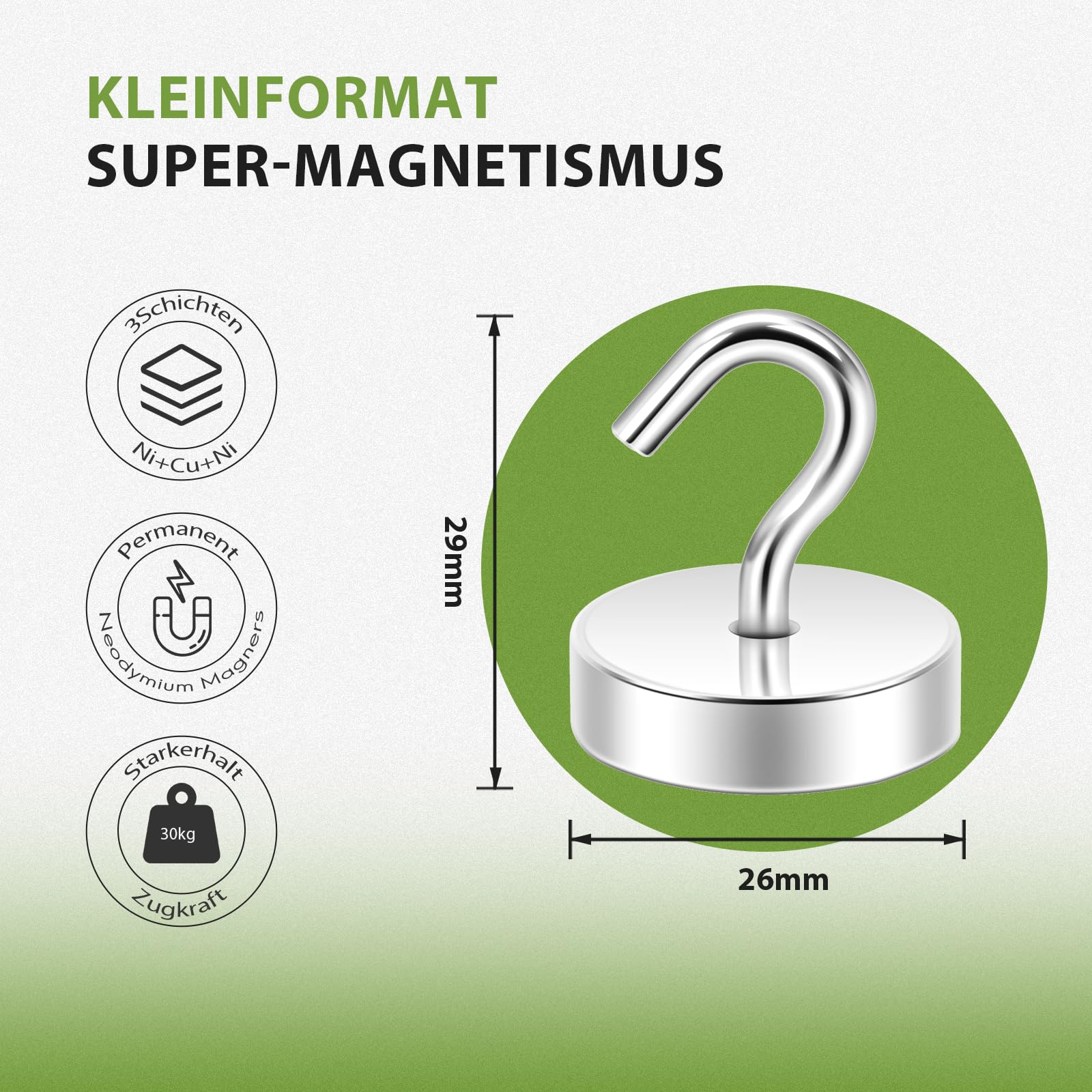 Neosmuk Gancio magnetico, 30 kg, magneti da terra ad alte prestazioni con gancio per frigorifero, gancio cruise extra forte da appendere (argento, confezione da 10)