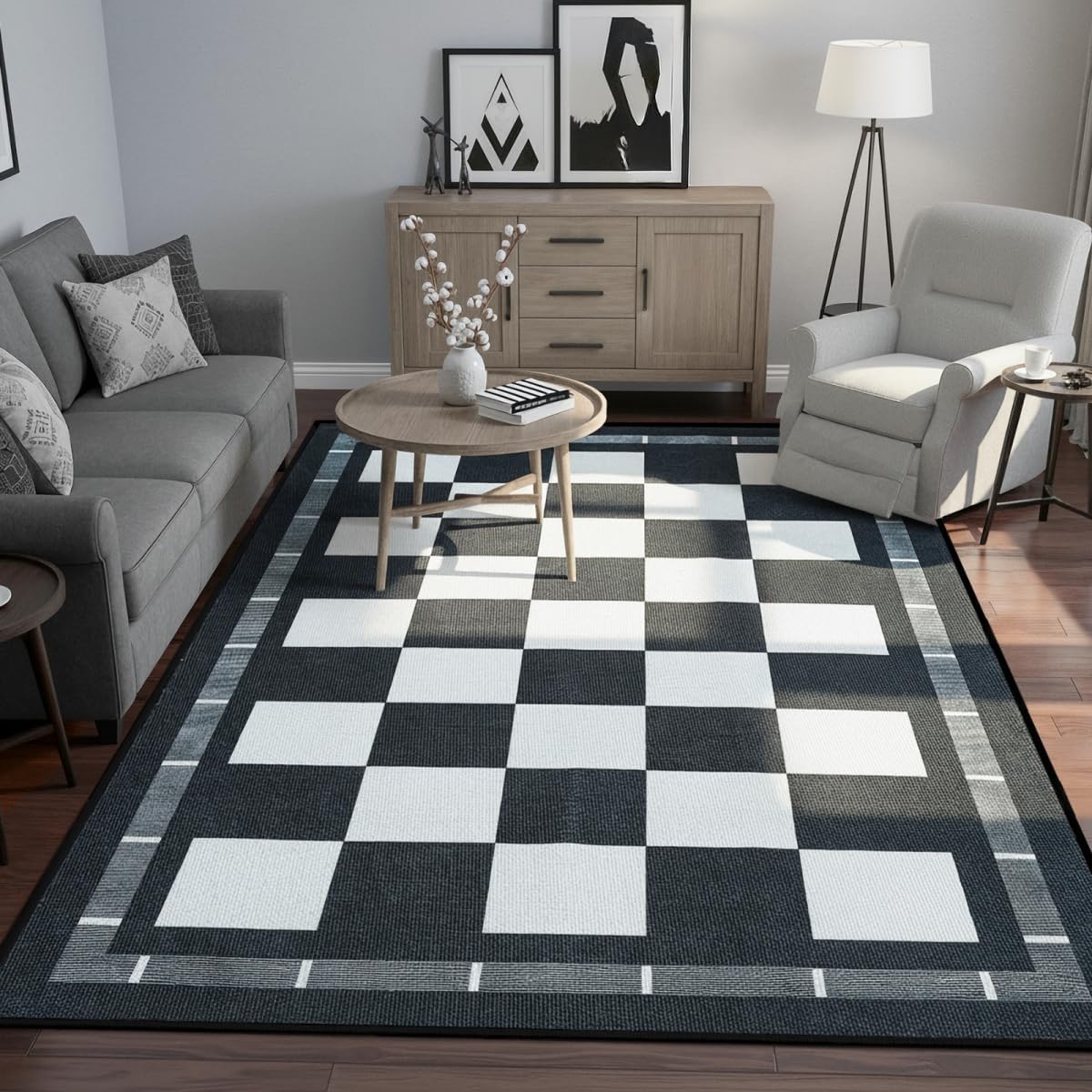 Vasofe Plaid 3x5 Outdoor Patio Rug,Checkered Jute Entryway Rugs, Washable Black and White Indoor Bedroom, Farmhouse Neutral Front Door Mat,Modern Carpet for Porch Patio Balcony Kitchen