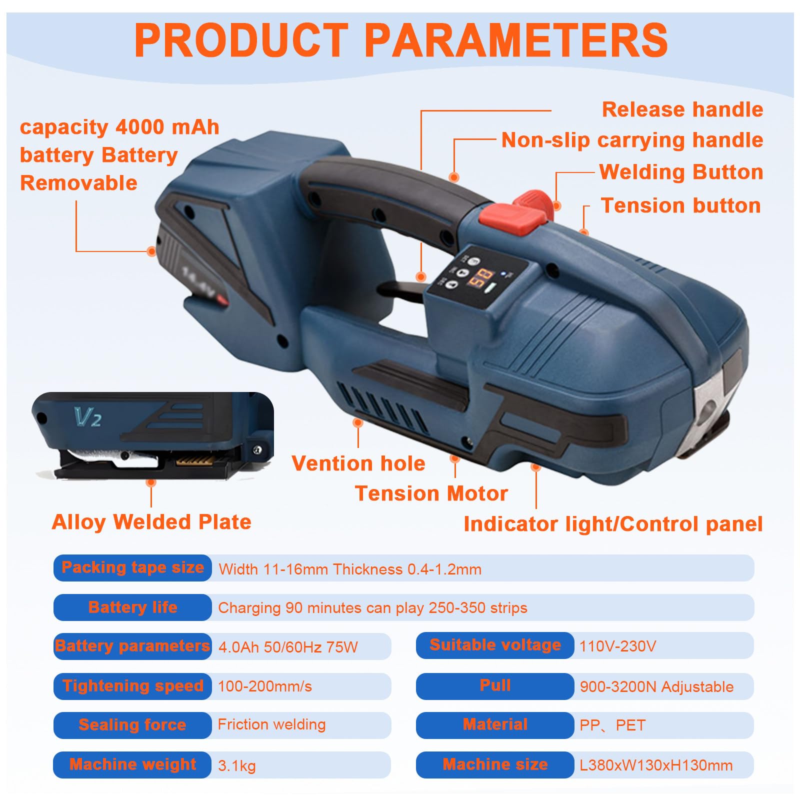 Reggiatrice elettrica, pressa per fusione a caldo in plastica portatile, a batteria, per cinghia in PET PP da 1/2-5/8 pollici, strumento per schermo LCD per imballaggio di scatole