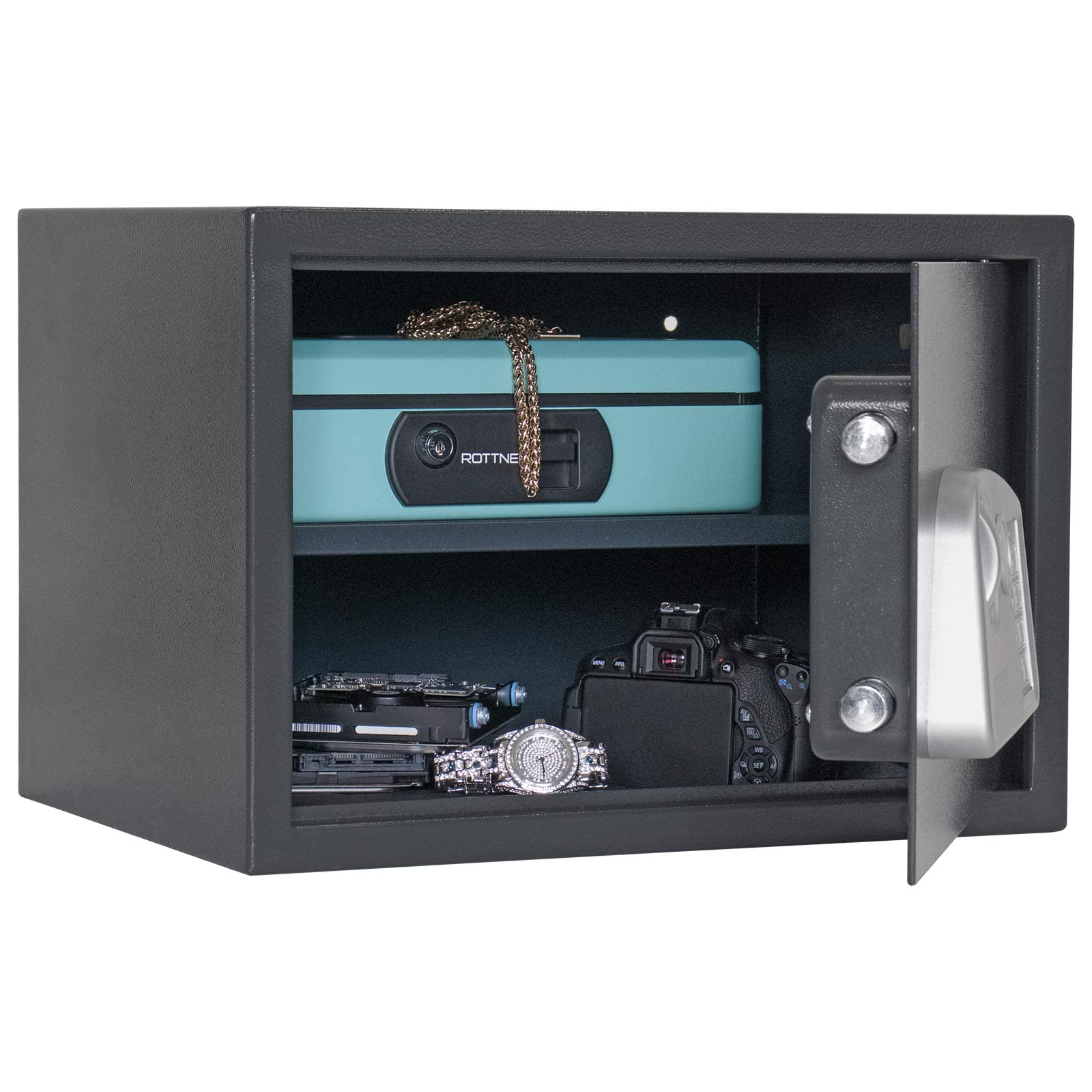 Rottner Möbeltresor Jupiter 4 Elektronikschloss mechanische Notöffnung BxHxT 43x30x32 cm herausnehmbarer Fachboden Filzeinlage inkl. Befestigungsmaterial