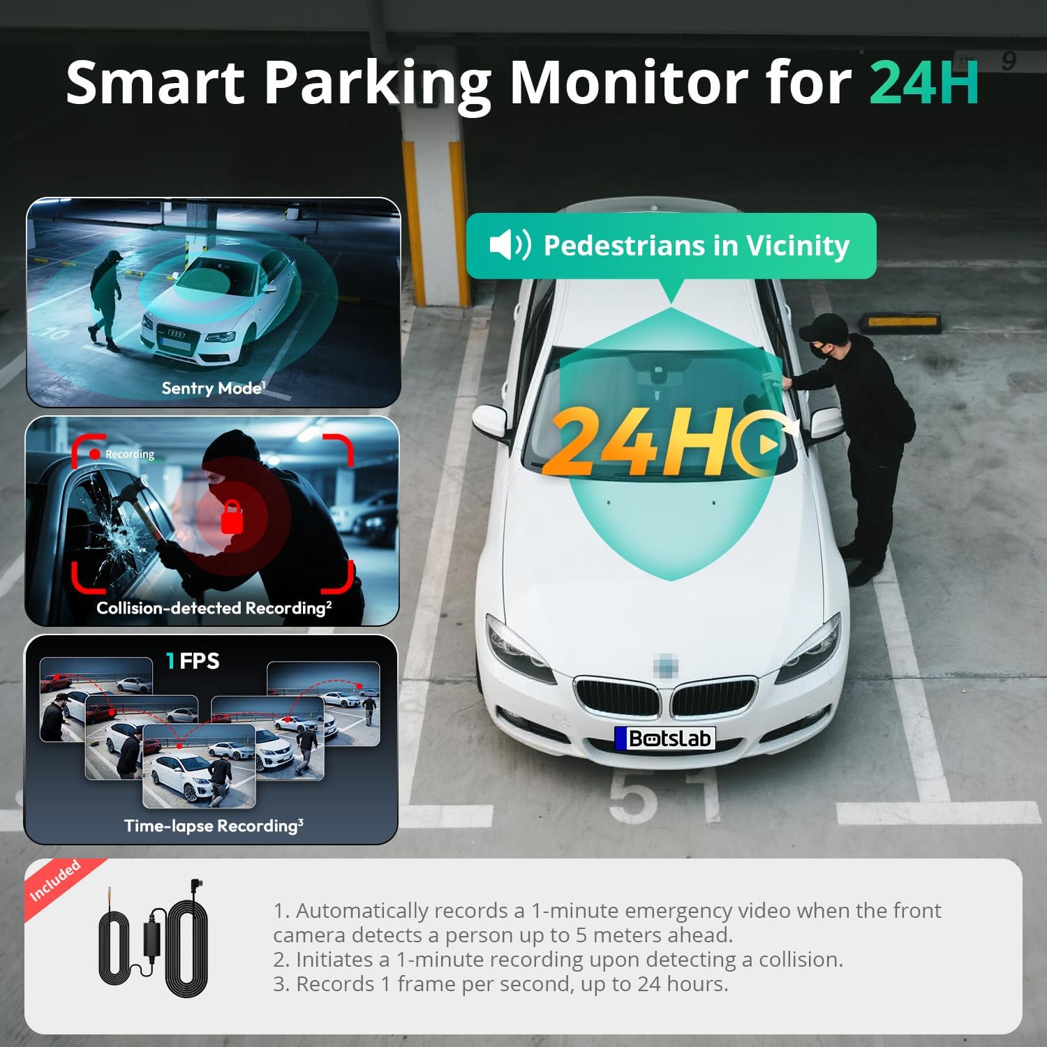 BOTSLAB 3 Channel Dash Cam 4K with ACC Hardwire Kit & 128GB TF Card, 3.18" Touch Screen, Voice Control, 4K Front and 1080P Rear Inside Loop Recording, 5.8GHz WiFi, GPS, Night Vision, WDR, Parking Mode